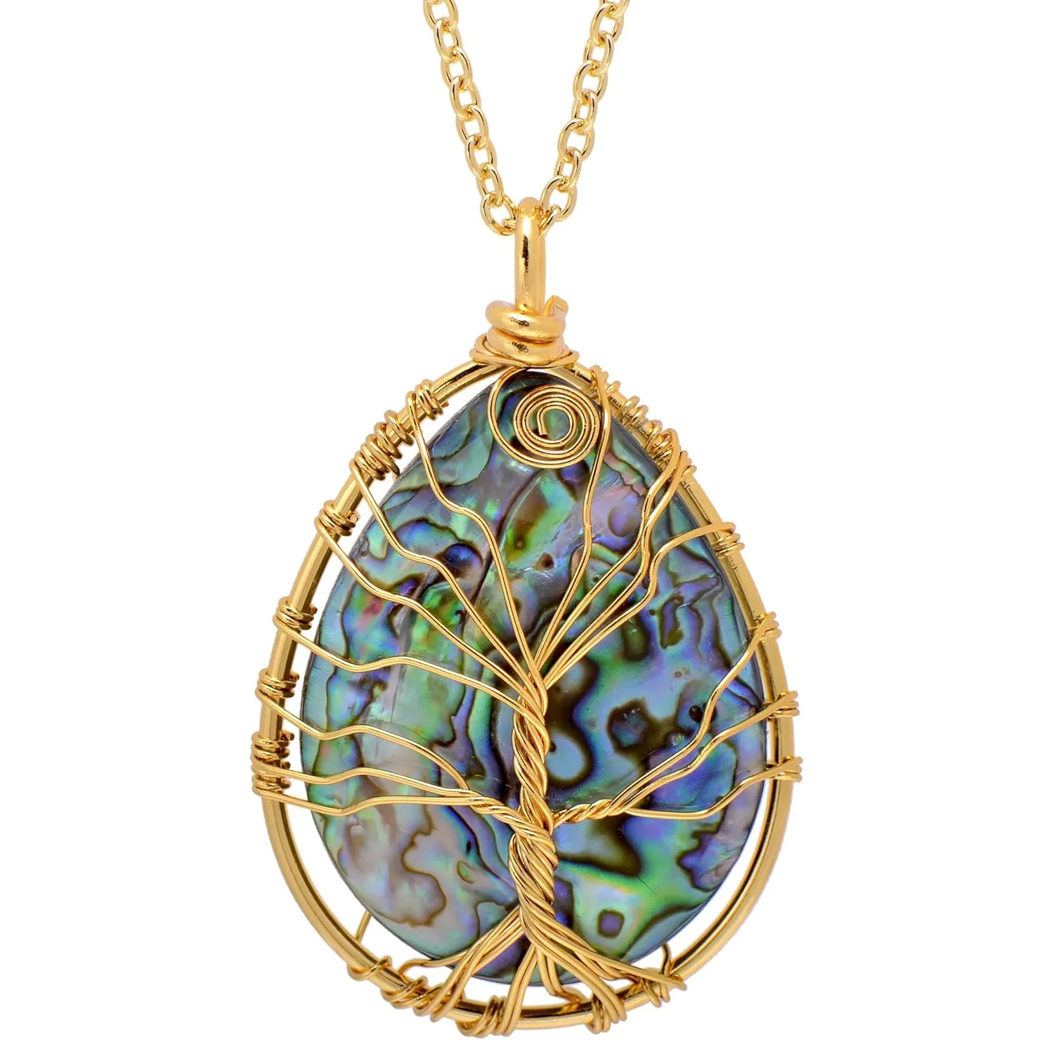 Hand Wrapped Abalone Shell Tree of Life Pendant Necklace Big, Golden Wire