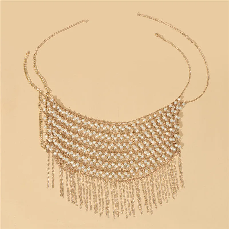 Handmade Pearl Tie Slit Shoulder Necklace Body Chains