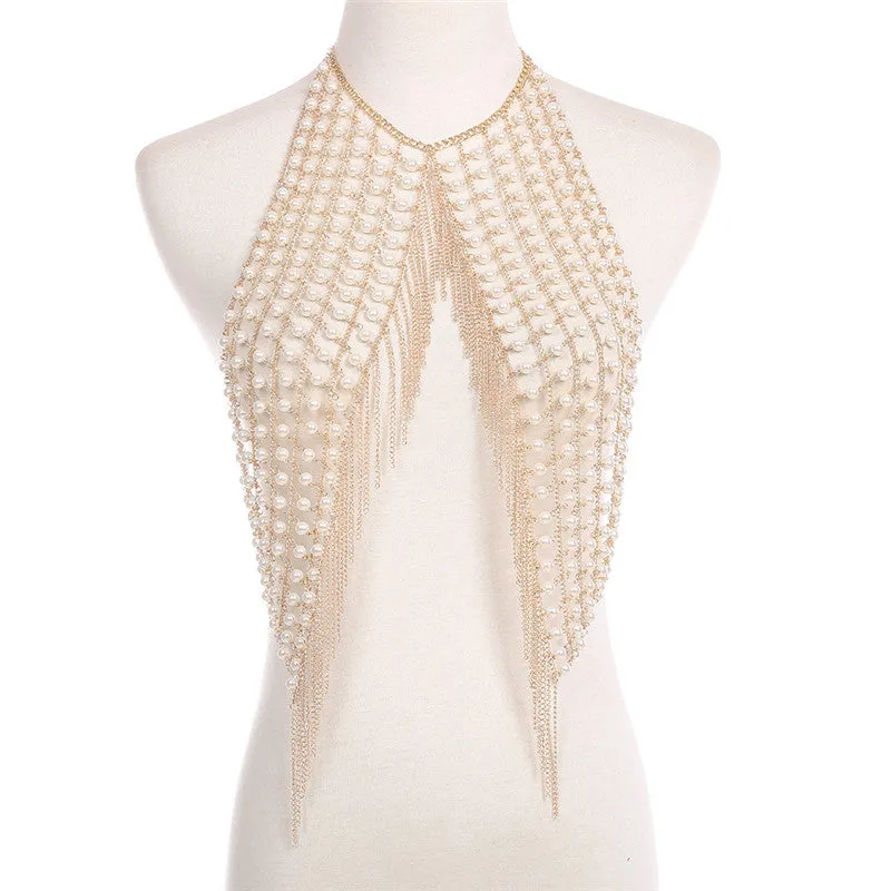 Handmade Pearl Tie Slit Shoulder Necklace Body Chains
