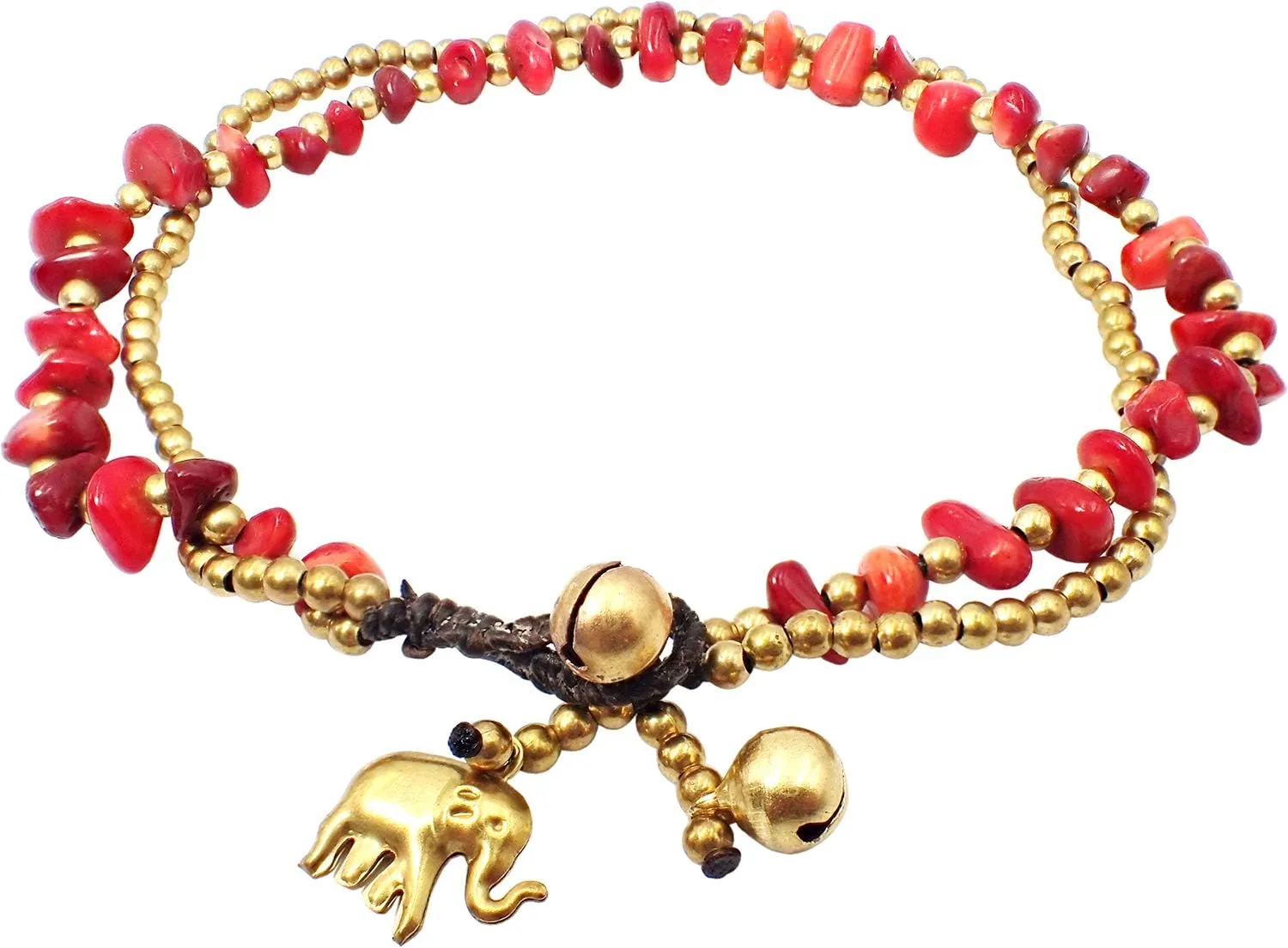 Handmade Red Carnelian Stone Elephant Charm Brass Beads Anklets Bracelet 10 Inches