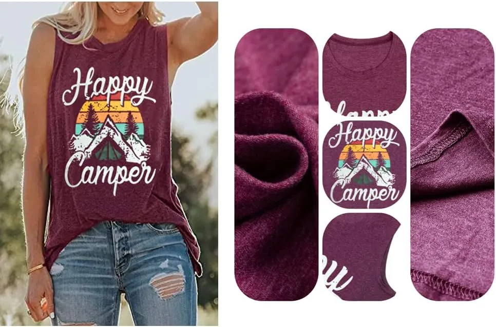 Happy Camp T-Shirt Women Hiking Mountain Adventure Novelty Workout Funny Saying Cute Graphic Athletic Shirt