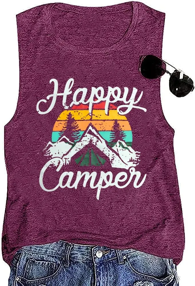 Happy Camp T-Shirt Women Hiking Mountain Adventure Novelty Workout Funny Saying Cute Graphic Athletic Shirt