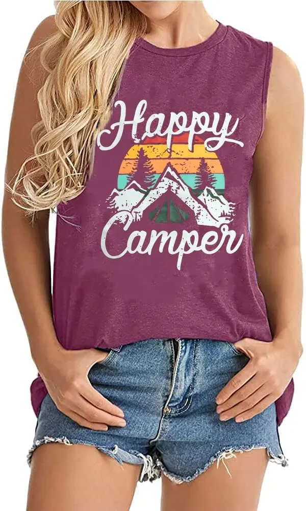 Happy Camp T-Shirt Women Hiking Mountain Adventure Novelty Workout Funny Saying Cute Graphic Athletic Shirt