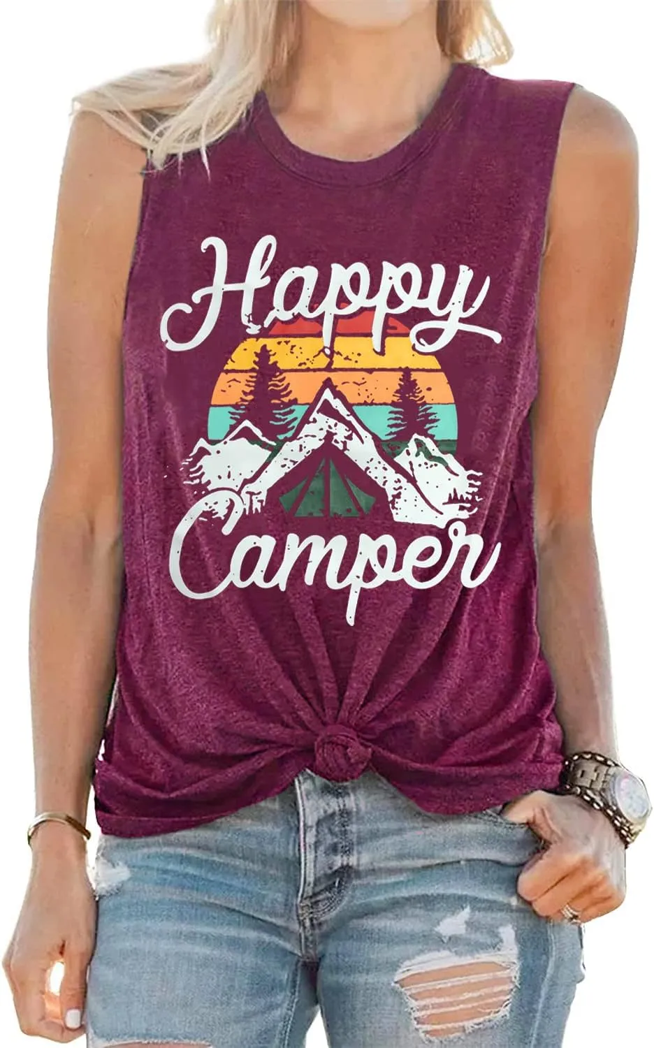 Happy Camp T-Shirt Women Hiking Mountain Adventure Novelty Workout Funny Saying Cute Graphic Athletic Shirt