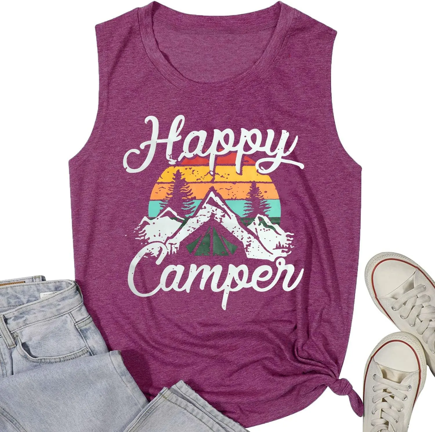 Happy Camp T-Shirt Women Hiking Mountain Adventure Novelty Workout Funny Saying Cute Graphic Athletic Shirt