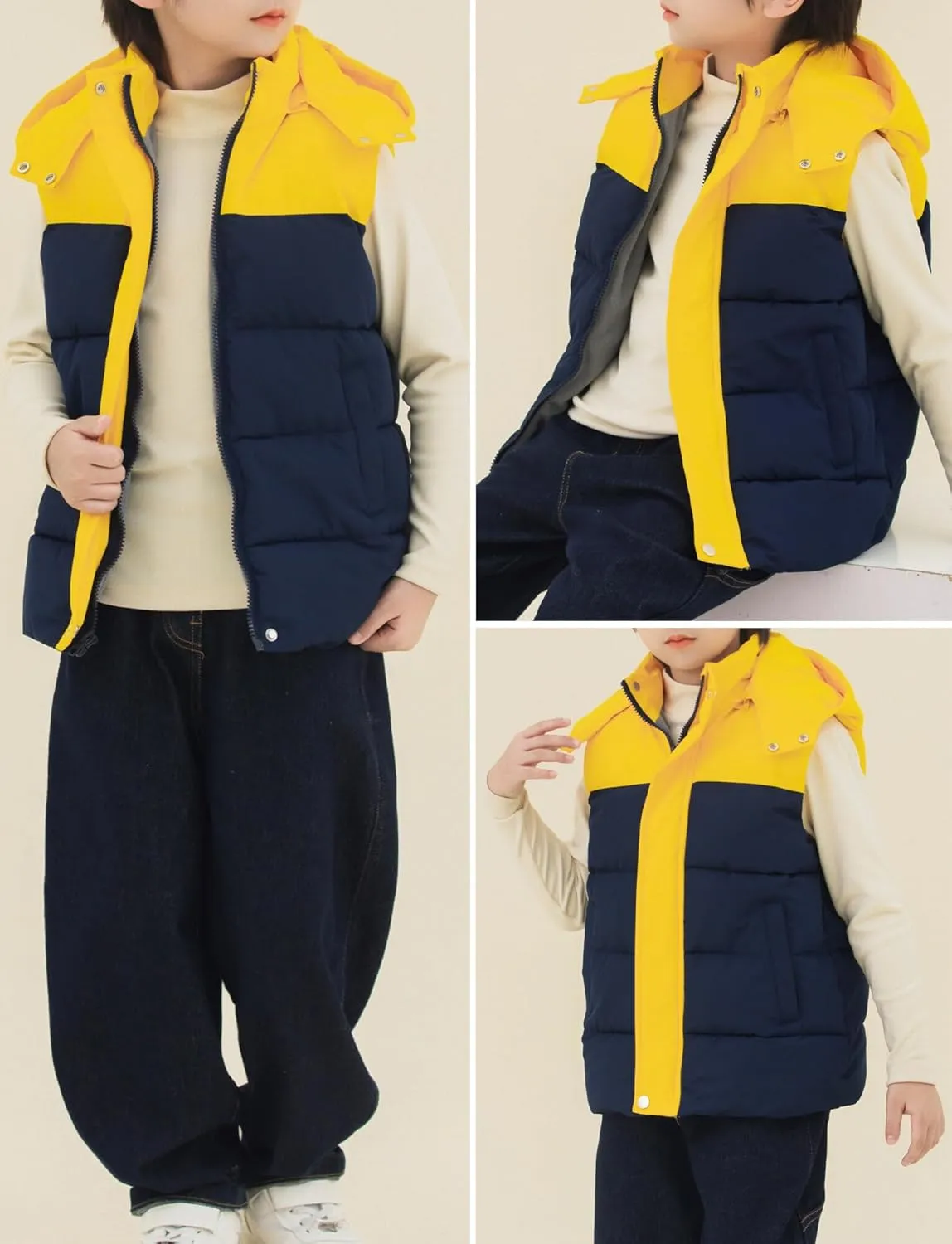 Happy Cherry Kids Padded Vest Winter Puffy Detachable Hooded Zipper Up Sleeveless Jacket 5-12T