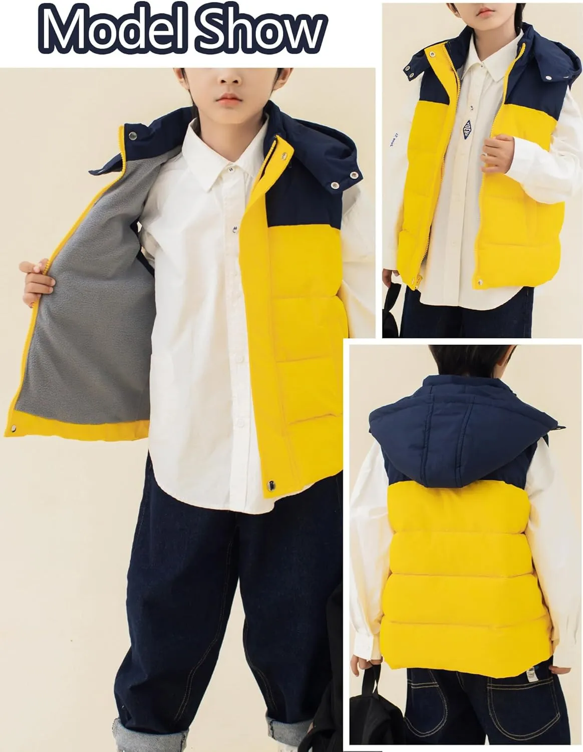 Happy Cherry Kids Padded Vest Winter Puffy Detachable Hooded Zipper Up Sleeveless Jacket 5-12T