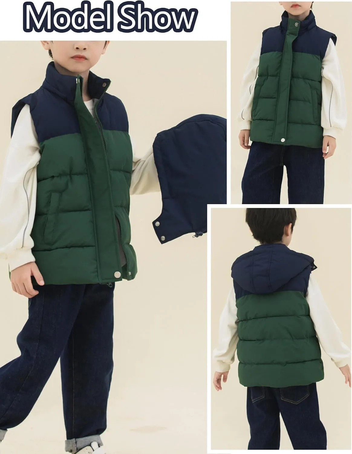 Happy Cherry Kids Padded Vest Winter Puffy Detachable Hooded Zipper Up Sleeveless Jacket 5-12T