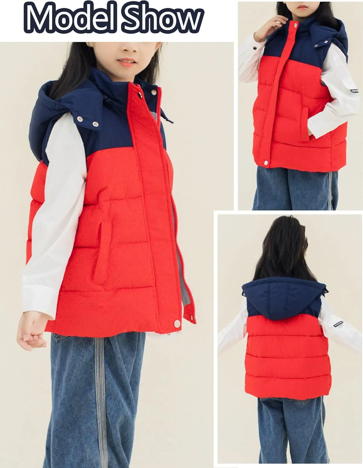 Happy Cherry Kids Padded Vest Winter Puffy Detachable Hooded Zipper Up Sleeveless Jacket 5-12T