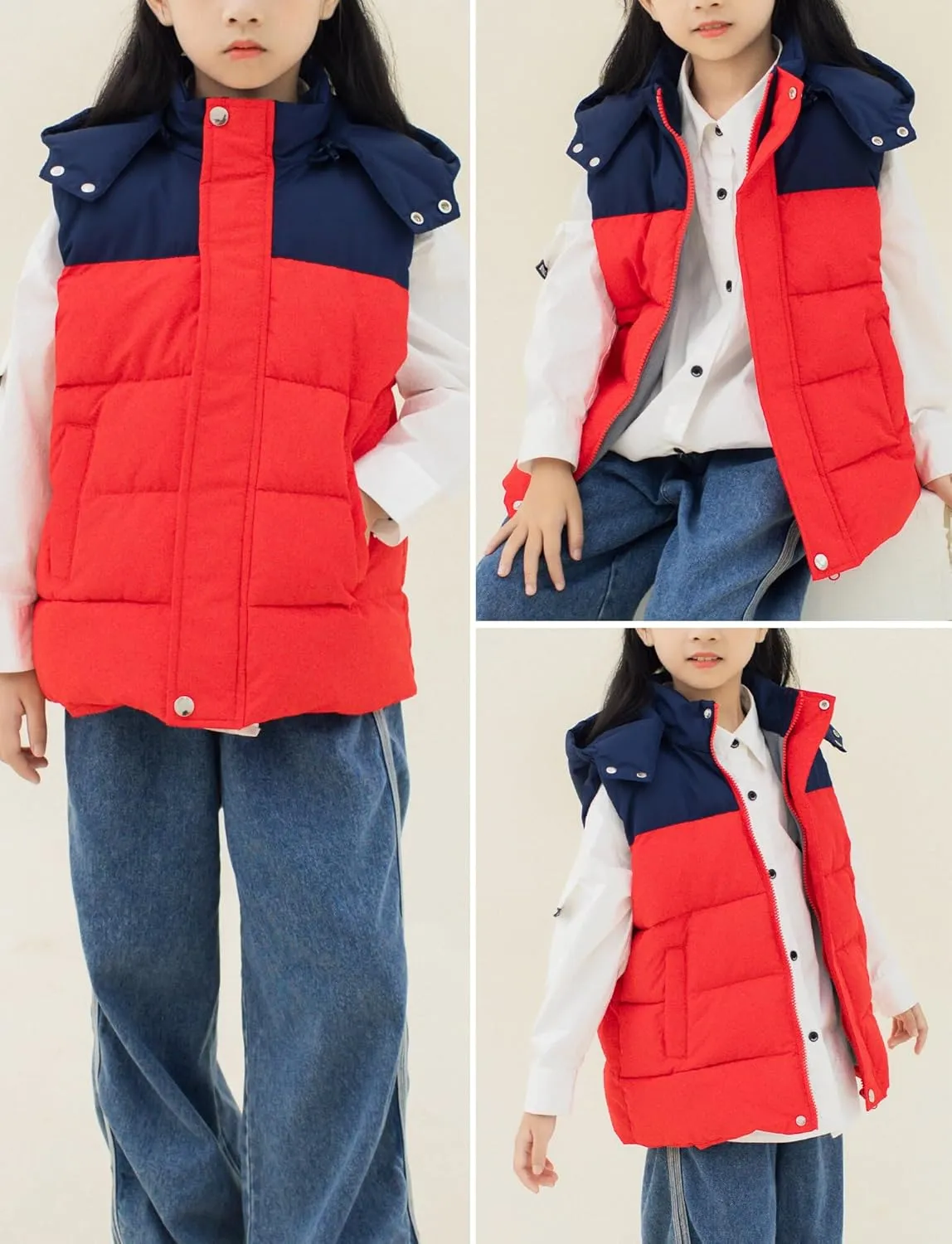 Happy Cherry Kids Padded Vest Winter Puffy Detachable Hooded Zipper Up Sleeveless Jacket 5-12T