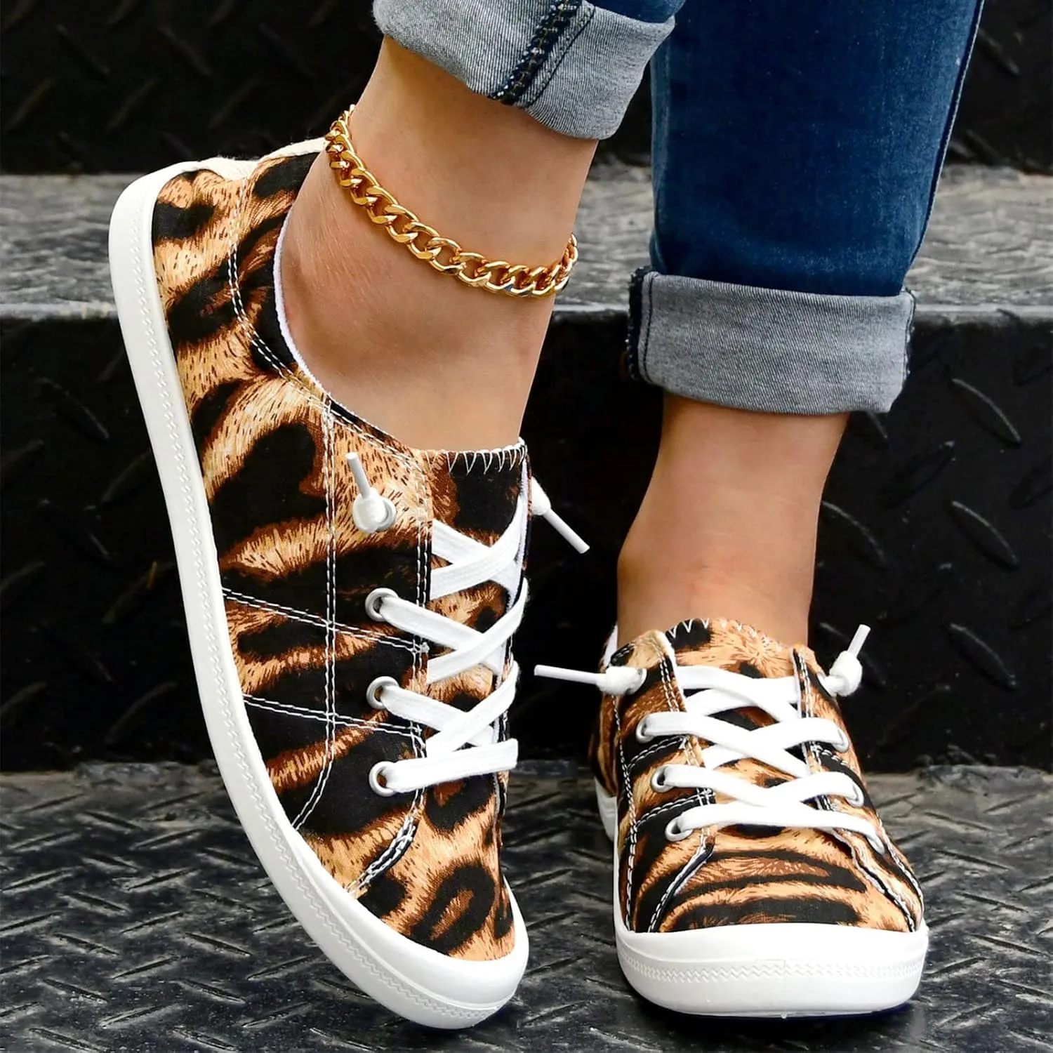 Hbeylia Womens Canvas Low Top Sneaker Casual Canvas Printed Lace ups Shoes Slip-On Flats Play Sneakers Lightweight Sport Walking Shoes Loafers for Women Girls Students