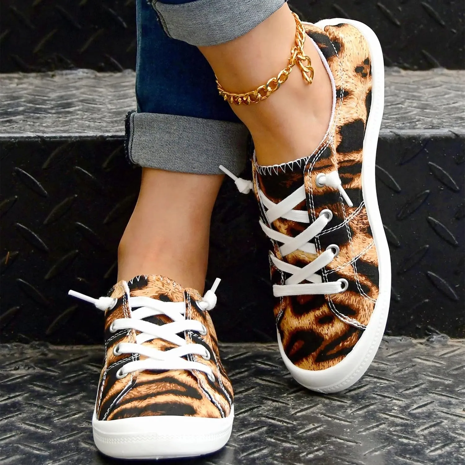 Hbeylia Womens Canvas Low Top Sneaker Casual Canvas Printed Lace ups Shoes Slip-On Flats Play Sneakers Lightweight Sport Walking Shoes Loafers for Women Girls Students