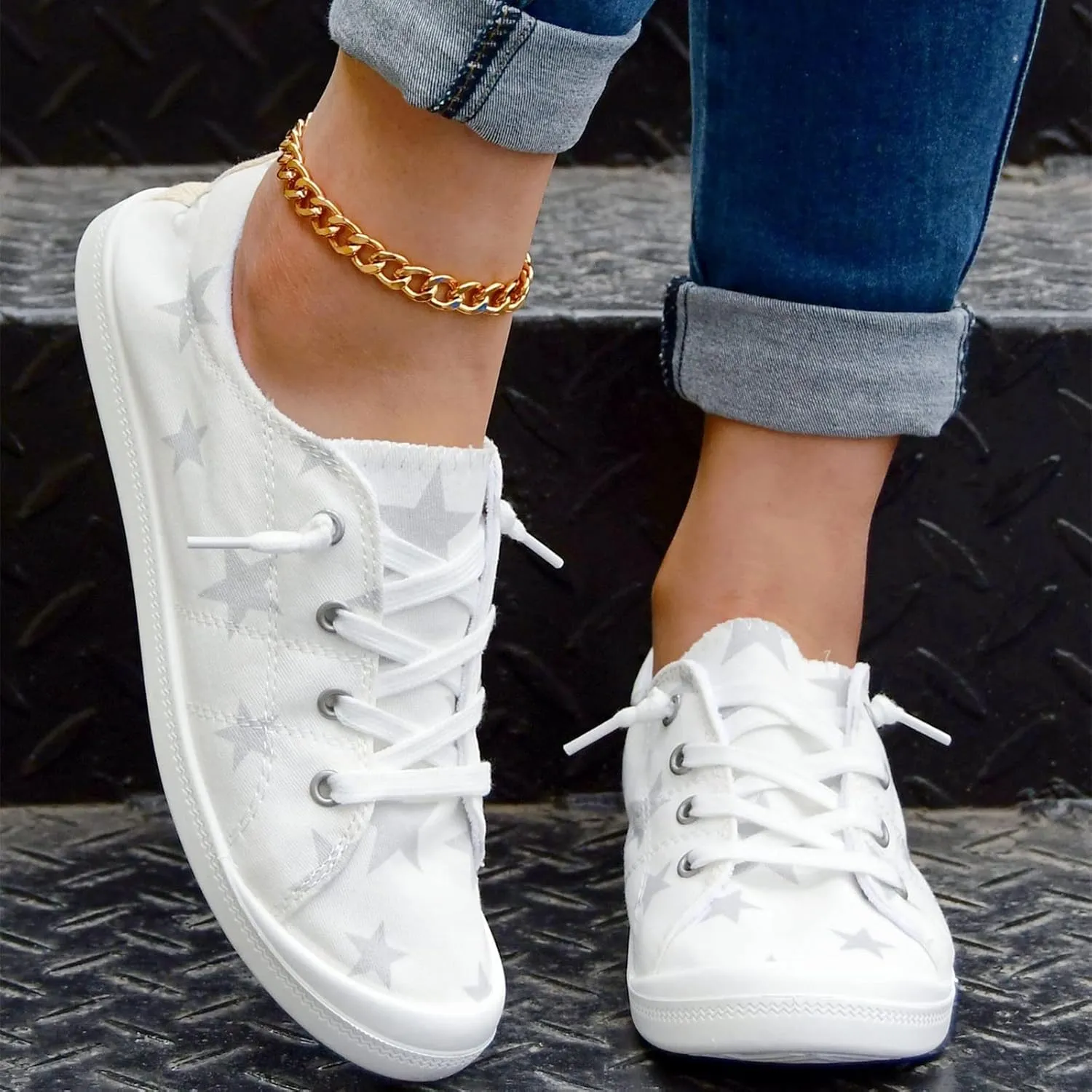 Hbeylia Womens Canvas Low Top Sneaker Casual Canvas Printed Lace ups Shoes Slip-On Flats Play Sneakers Lightweight Sport Walking Shoes Loafers for Women Girls Students