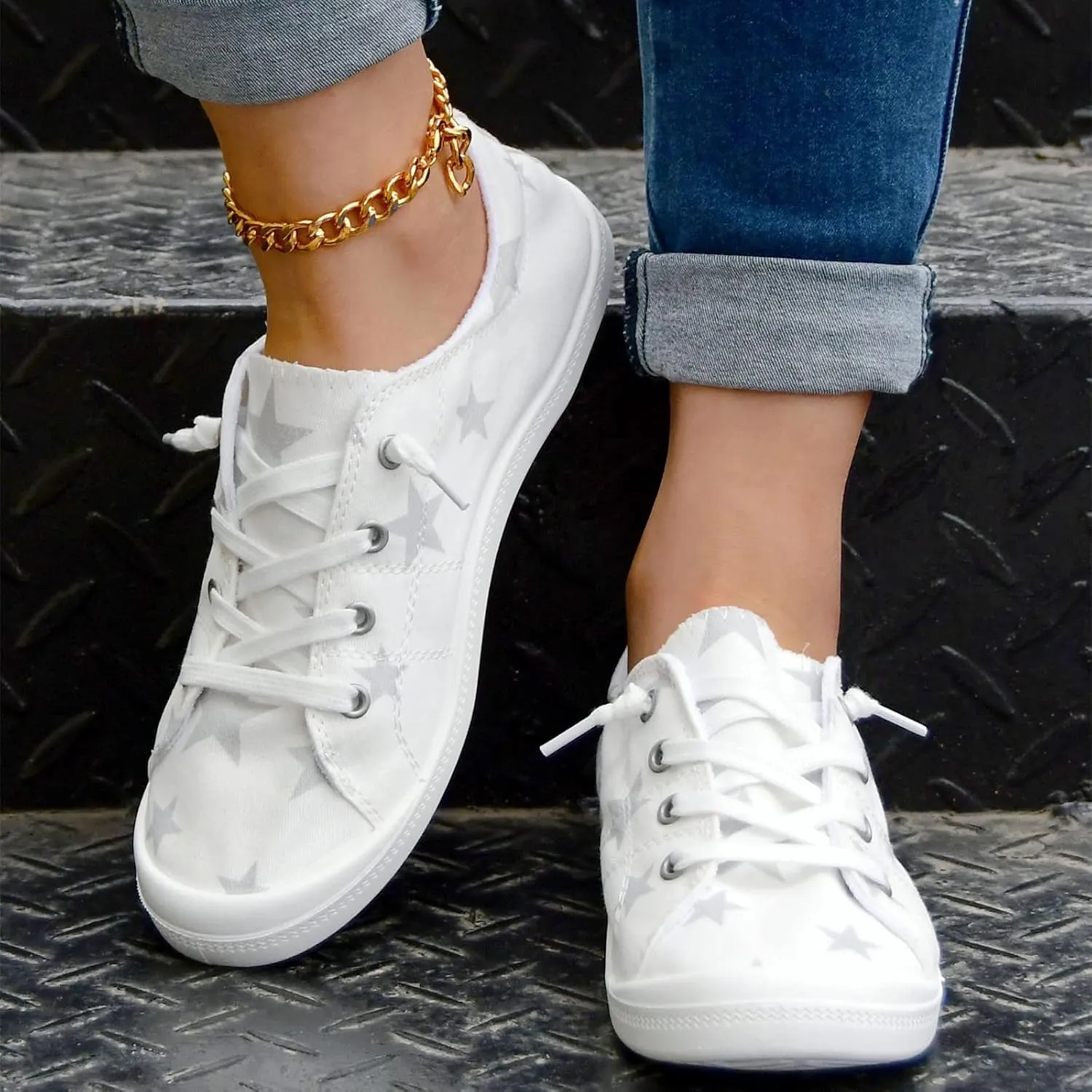Hbeylia Womens Canvas Low Top Sneaker Casual Canvas Printed Lace ups Shoes Slip-On Flats Play Sneakers Lightweight Sport Walking Shoes Loafers for Women Girls Students