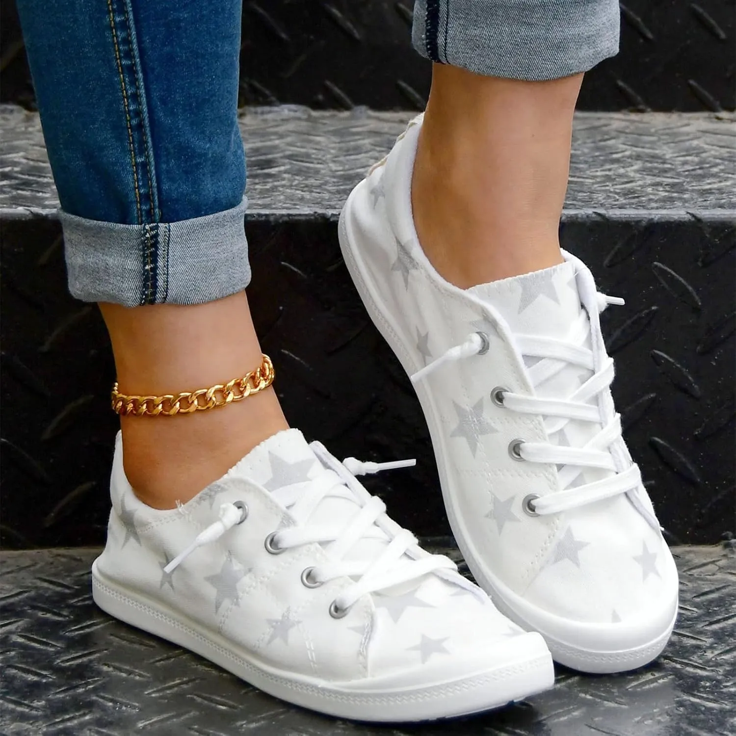 Hbeylia Womens Canvas Low Top Sneaker Casual Canvas Printed Lace ups Shoes Slip-On Flats Play Sneakers Lightweight Sport Walking Shoes Loafers for Women Girls Students