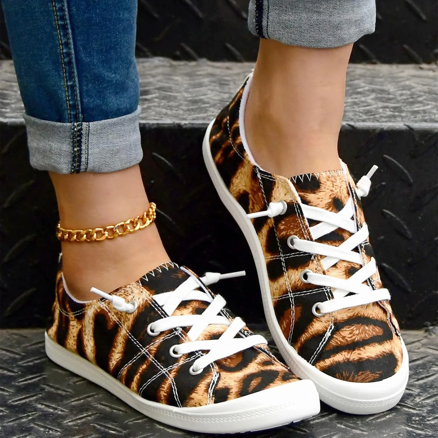 Hbeylia Womens Canvas Low Top Sneaker Casual Canvas Printed Lace ups Shoes Slip-On Flats Play Sneakers Lightweight Sport Walking Shoes Loafers for Women Girls Students