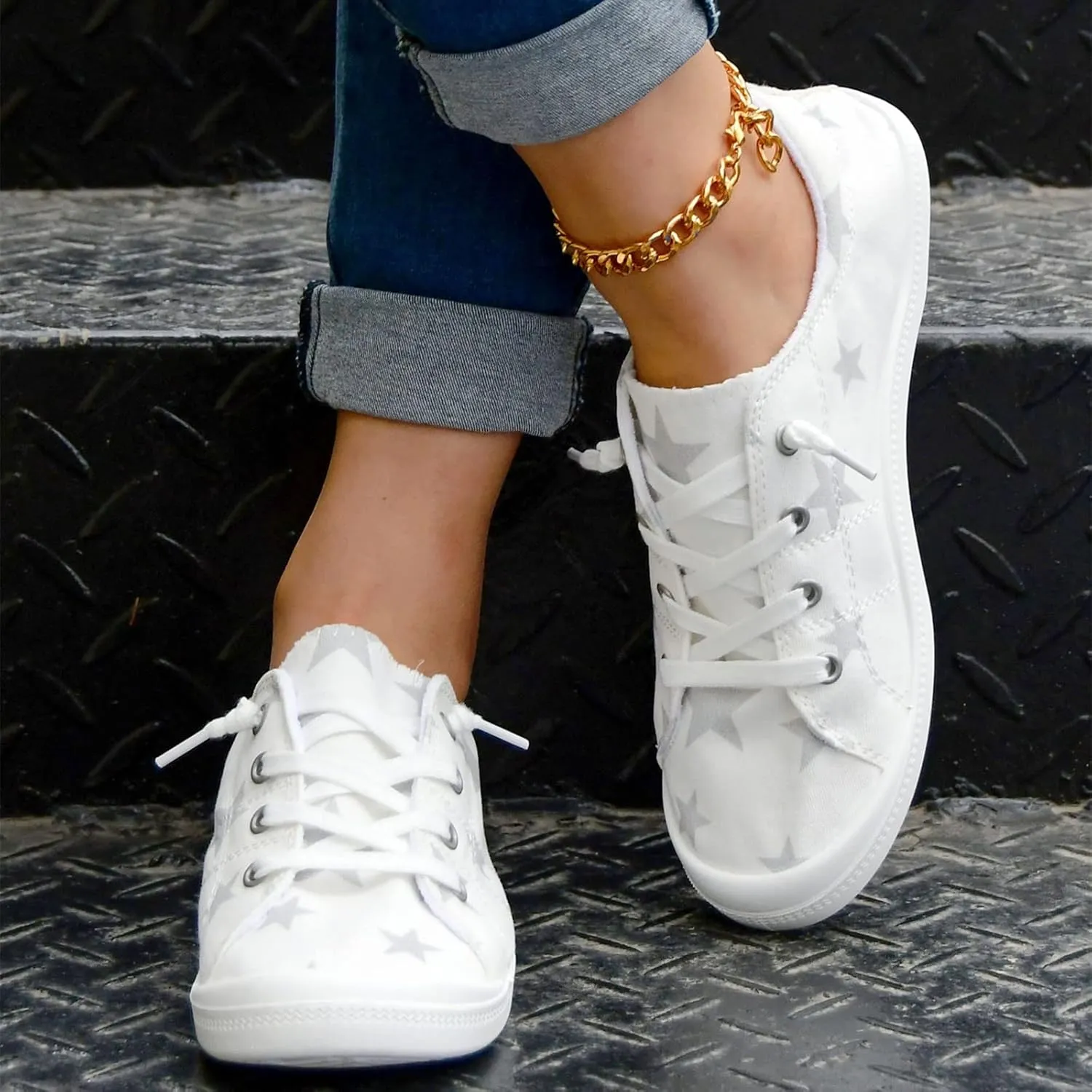 Hbeylia Womens Canvas Low Top Sneaker Casual Canvas Printed Lace ups Shoes Slip-On Flats Play Sneakers Lightweight Sport Walking Shoes Loafers for Women Girls Students
