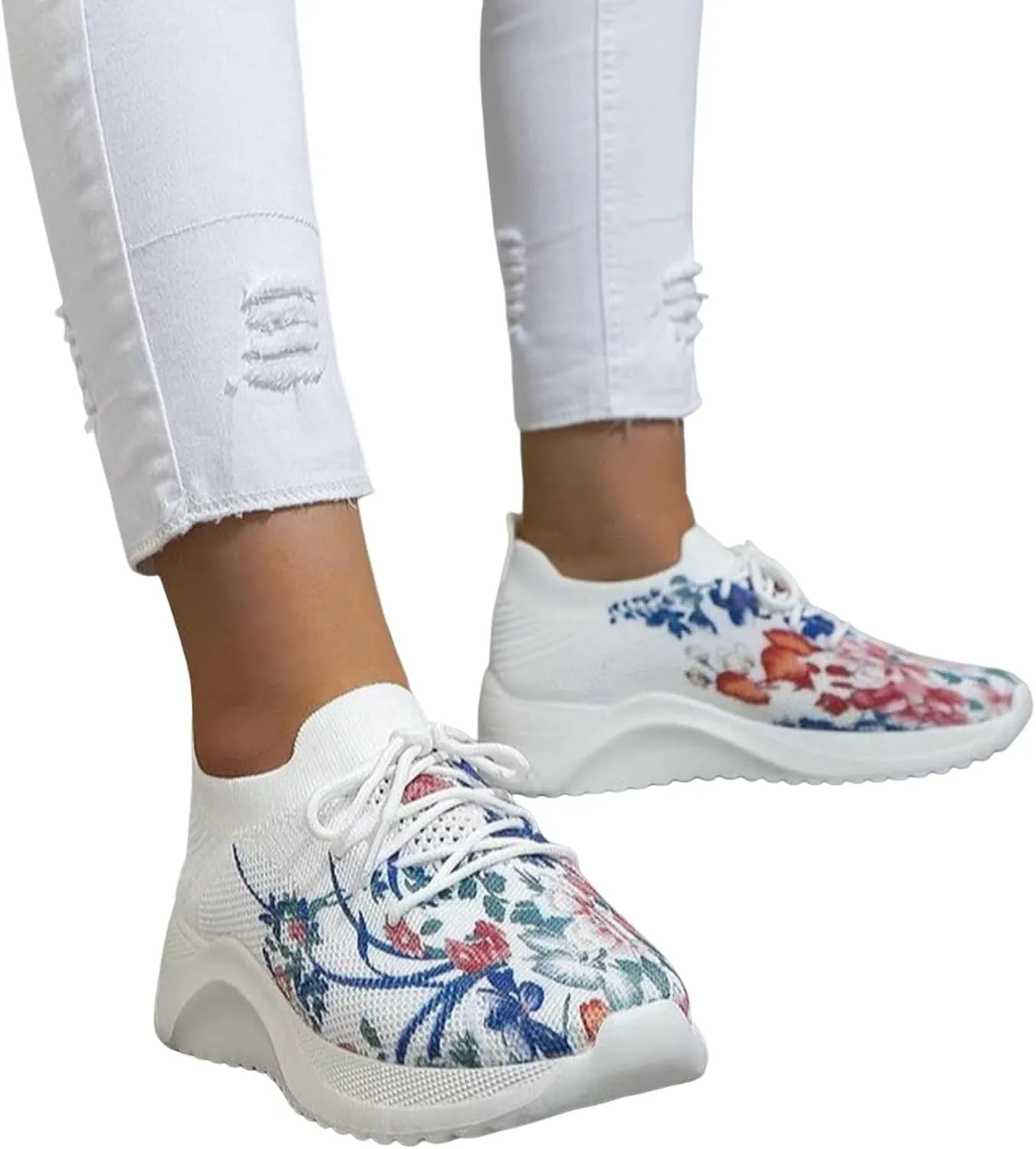 Hbeylia Women's Mesh Sport Slip-on Sneakers Flower Printed Orthopedic Platform Non Slip Good Arch Breathable Lightweight Casual Sock Sneaker Nurse Shoes