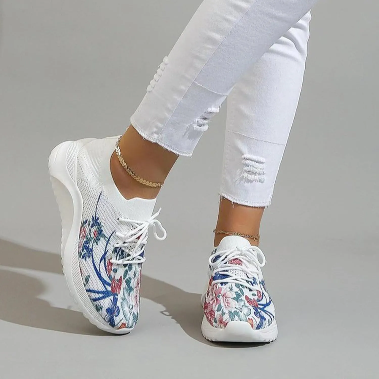 Hbeylia Women's Mesh Sport Slip-on Sneakers Flower Printed Orthopedic Platform Non Slip Good Arch Breathable Lightweight Casual Sock Sneaker Nurse Shoes