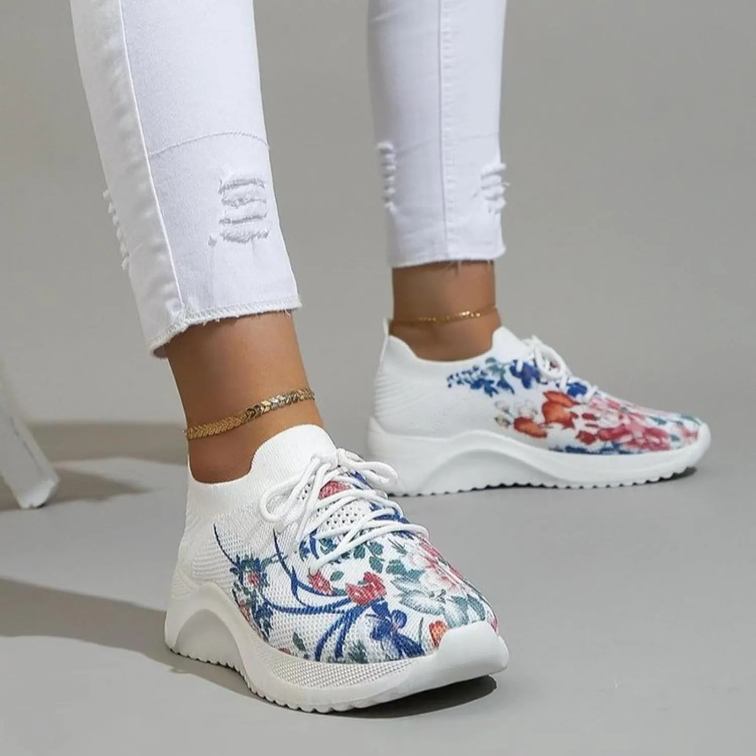 Hbeylia Women's Mesh Sport Slip-on Sneakers Flower Printed Orthopedic Platform Non Slip Good Arch Breathable Lightweight Casual Sock Sneaker Nurse Shoes