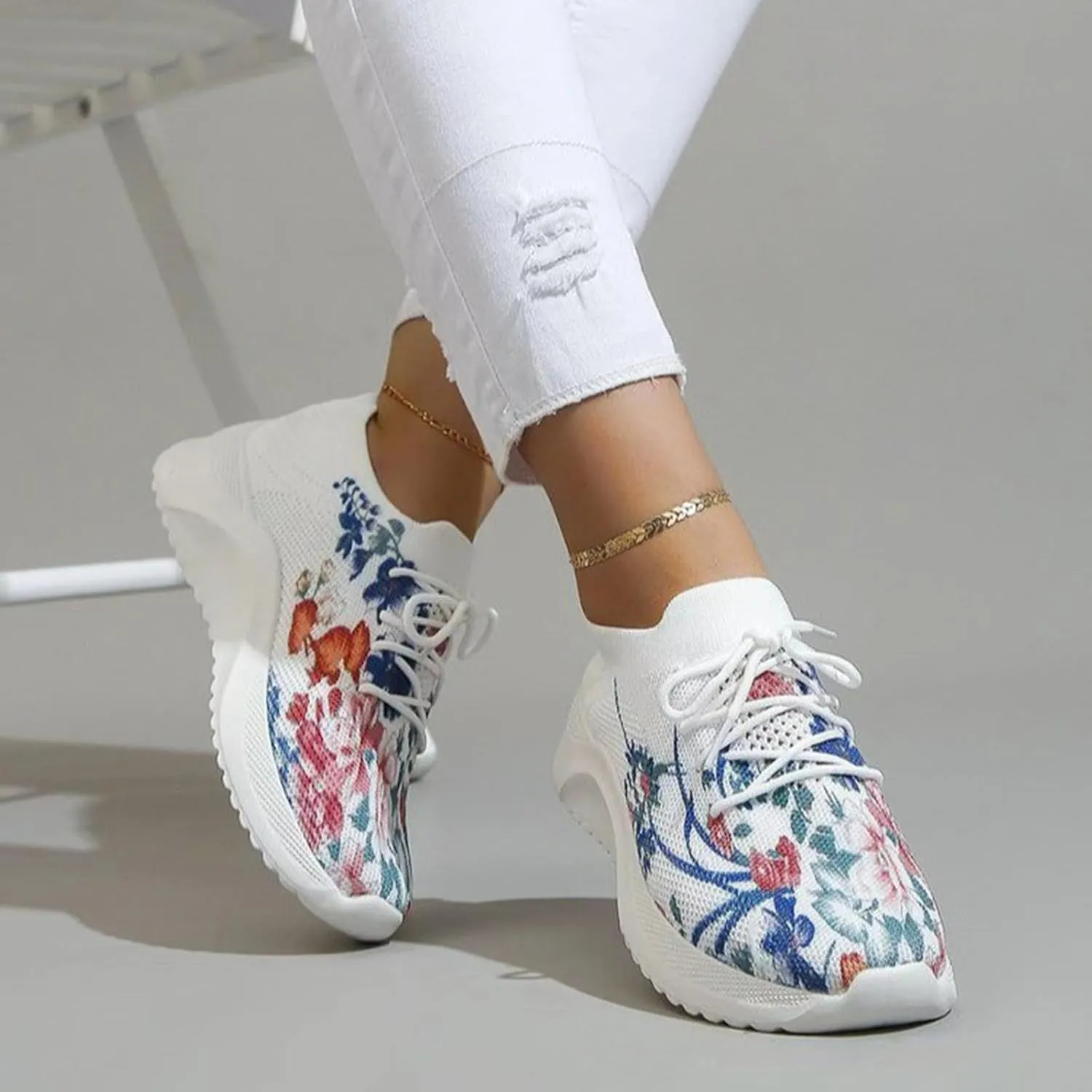 Hbeylia Women's Mesh Sport Slip-on Sneakers Flower Printed Orthopedic Platform Non Slip Good Arch Breathable Lightweight Casual Sock Sneaker Nurse Shoes