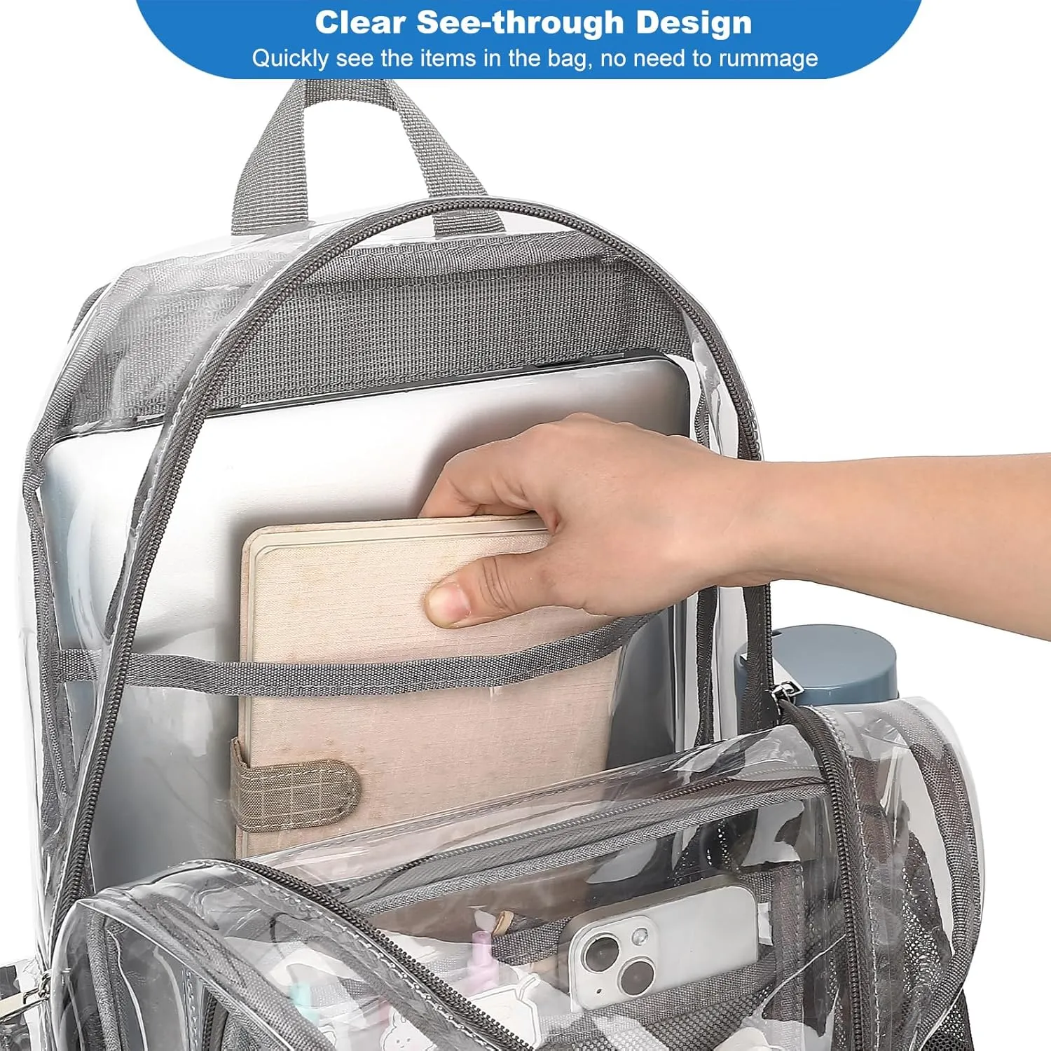 Heavy Duty Clear Backpack School Backpack, PVC Transparent Backpacks See Through Bookbag for Girls Boys Women Men (Grey)