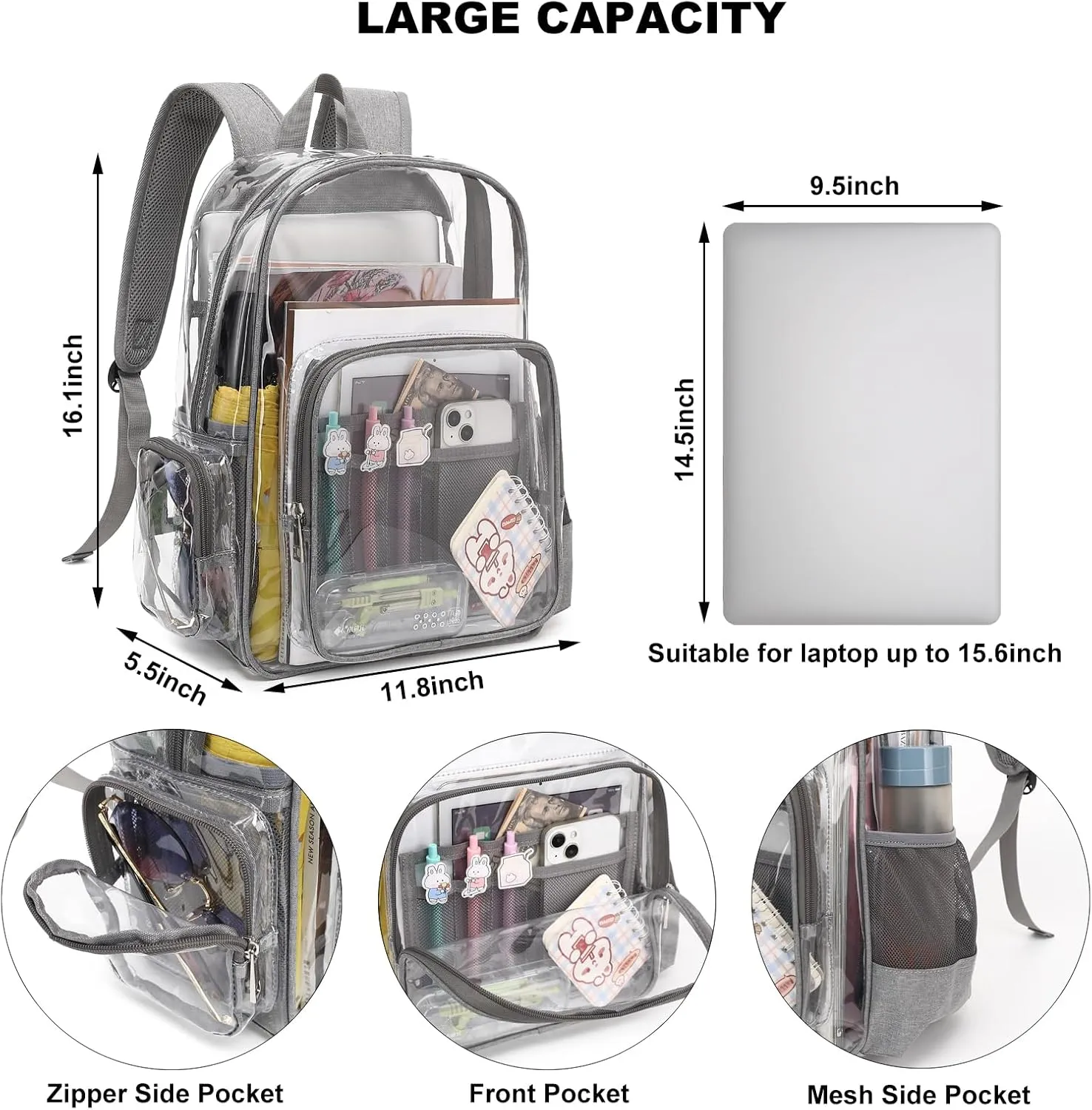 Heavy Duty Clear Backpack School Backpack, PVC Transparent Backpacks See Through Bookbag for Girls Boys Women Men (Grey)