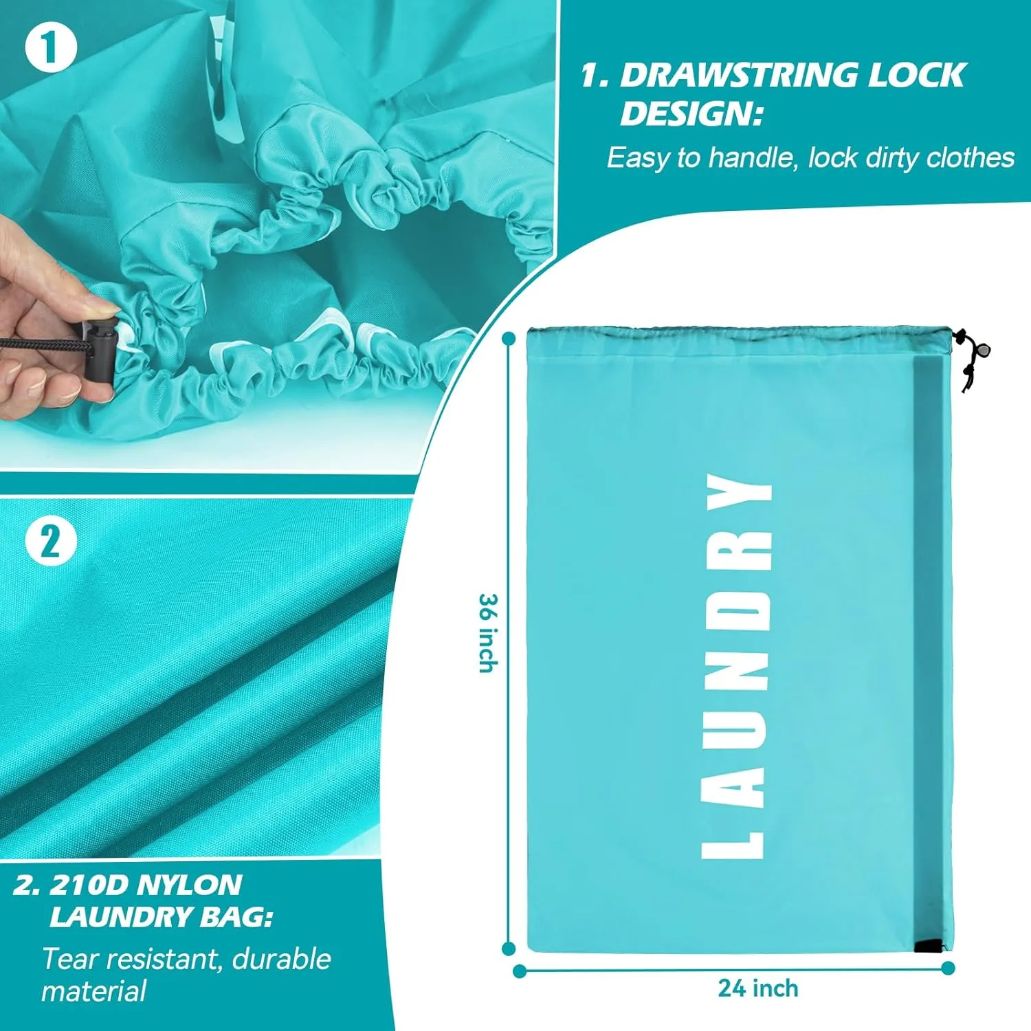 Heavy Duty Laundry Bag with Strap,2 Pack Travel Laundry Bags for Dirty Clothes,24" x 36" Large Laundry Bag for Traveling,Camping,Dorm (Cyan   Gray)