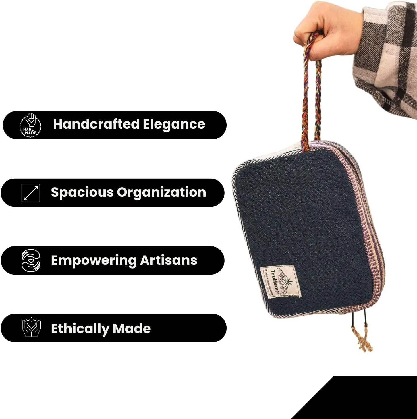 Hemp Travel Pouch with Spacious Storage & Premium Zipper Closure| Handmade Toiletry Bag with Soft Cotton Lining & Dual Zipper Compartments (Black)