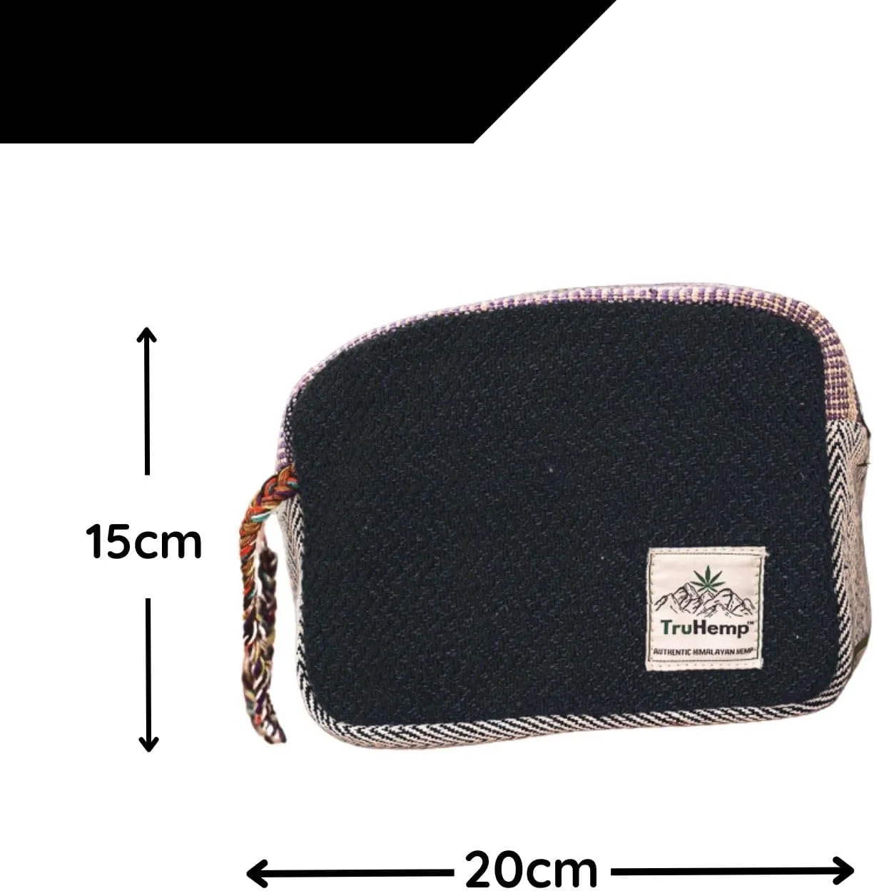 Hemp Travel Pouch with Spacious Storage & Premium Zipper Closure| Handmade Toiletry Bag with Soft Cotton Lining & Dual Zipper Compartments (Black)