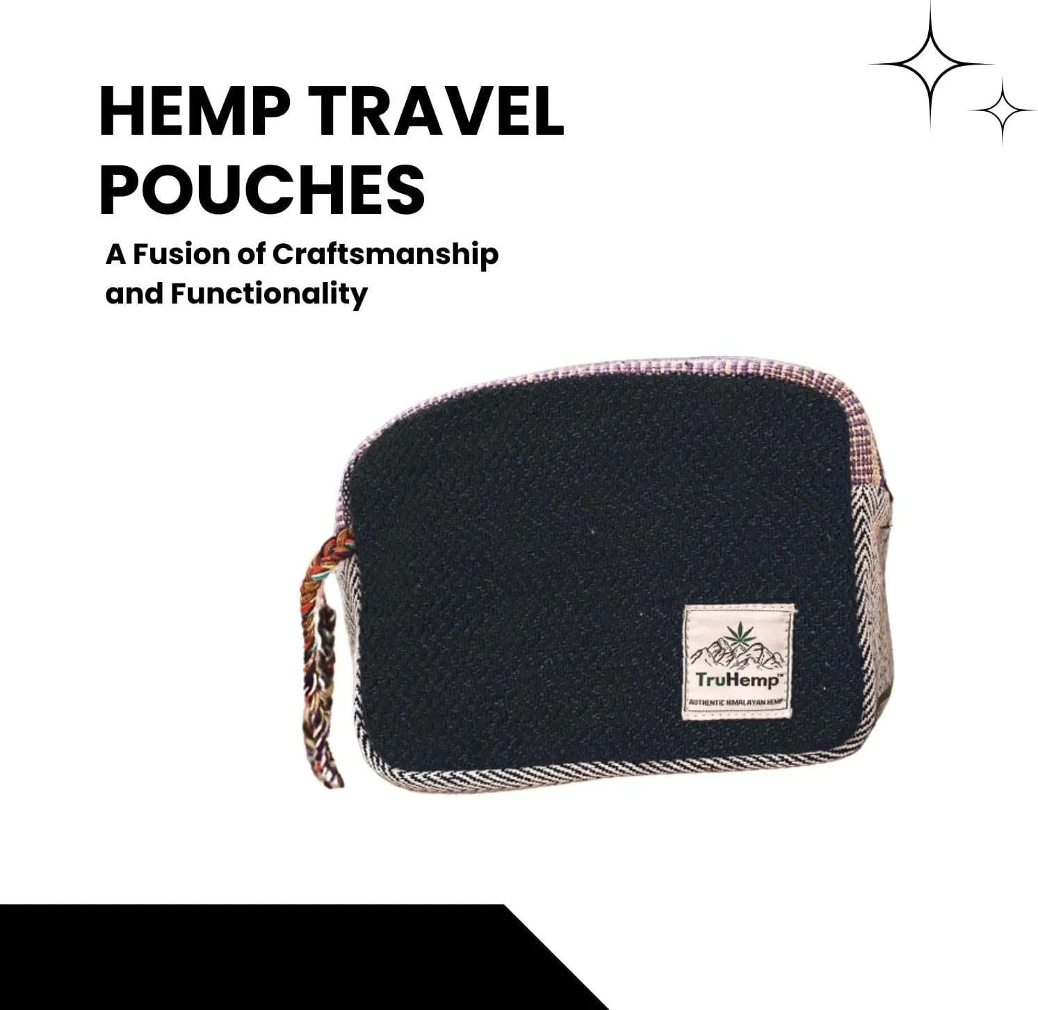 Hemp Travel Pouch with Spacious Storage & Premium Zipper Closure| Handmade Toiletry Bag with Soft Cotton Lining & Dual Zipper Compartments (Black)