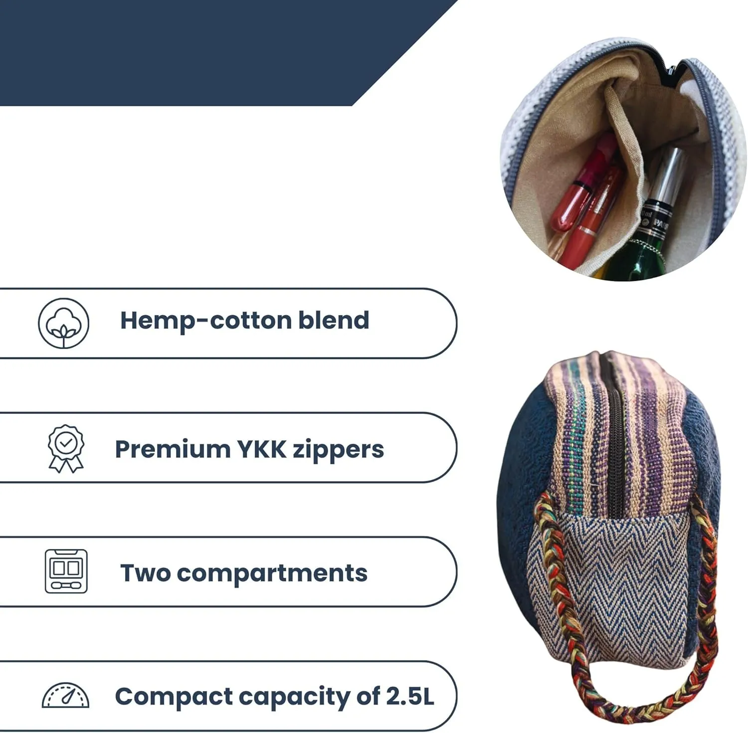 Himalayan Hemp Toiletry Kit  Natural Hemp Travel Pouch with Spacious Storage, Dual Zipper Compartments, Soft Cotton Lining