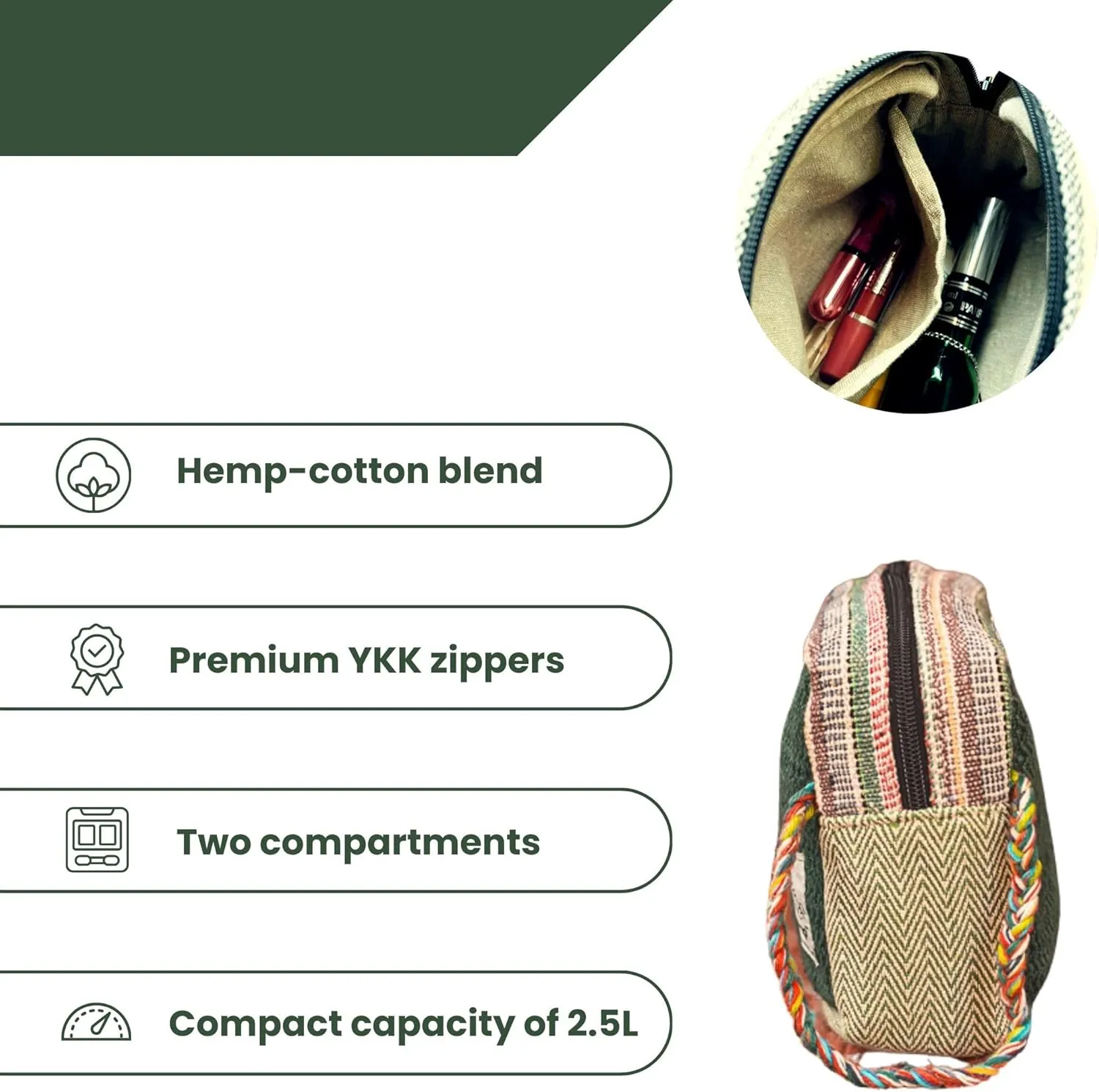 Himalayan Hemp Toiletry Kit  Natural Hemp Travel Pouch with Spacious Storage, Dual Zipper Compartments, Soft Cotton Lining