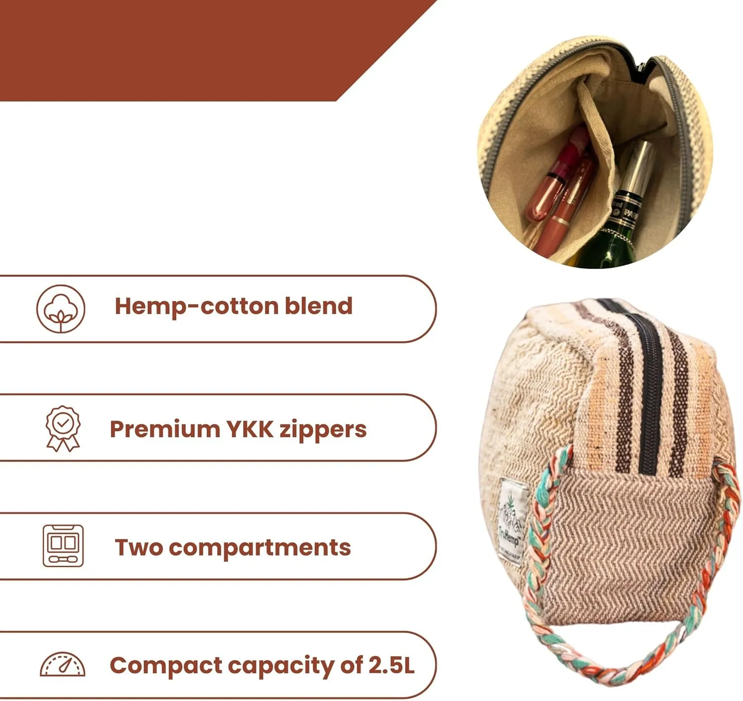 Himalayan Hemp Toiletry Kit  Natural Hemp Travel Pouch with Spacious Storage, Dual Zipper Compartments, Soft Cotton Lining