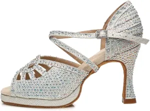 HROYL Women Rhinestone Ballroom Dance Shoes Latin Salsa Bachata Performance Dance Shoes,Model L458
