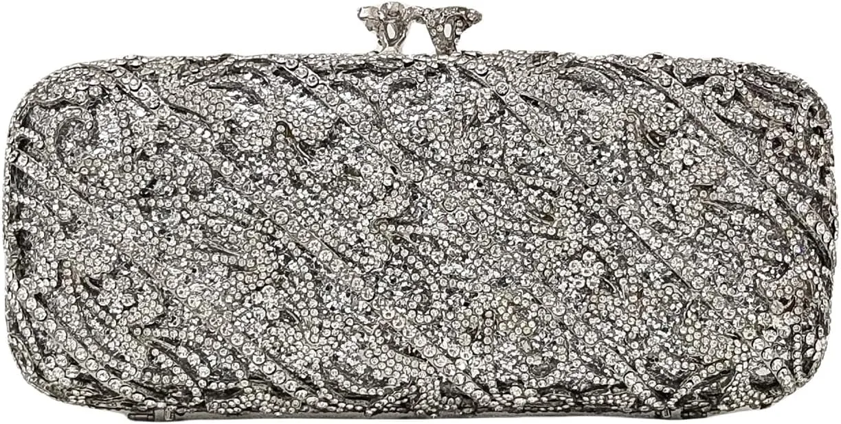 HUANG ZHUANG Silver Elegant Crystal Clutch Purse Luxury Rhinestone Evening Bag Prom Women Party Wedding Handbag