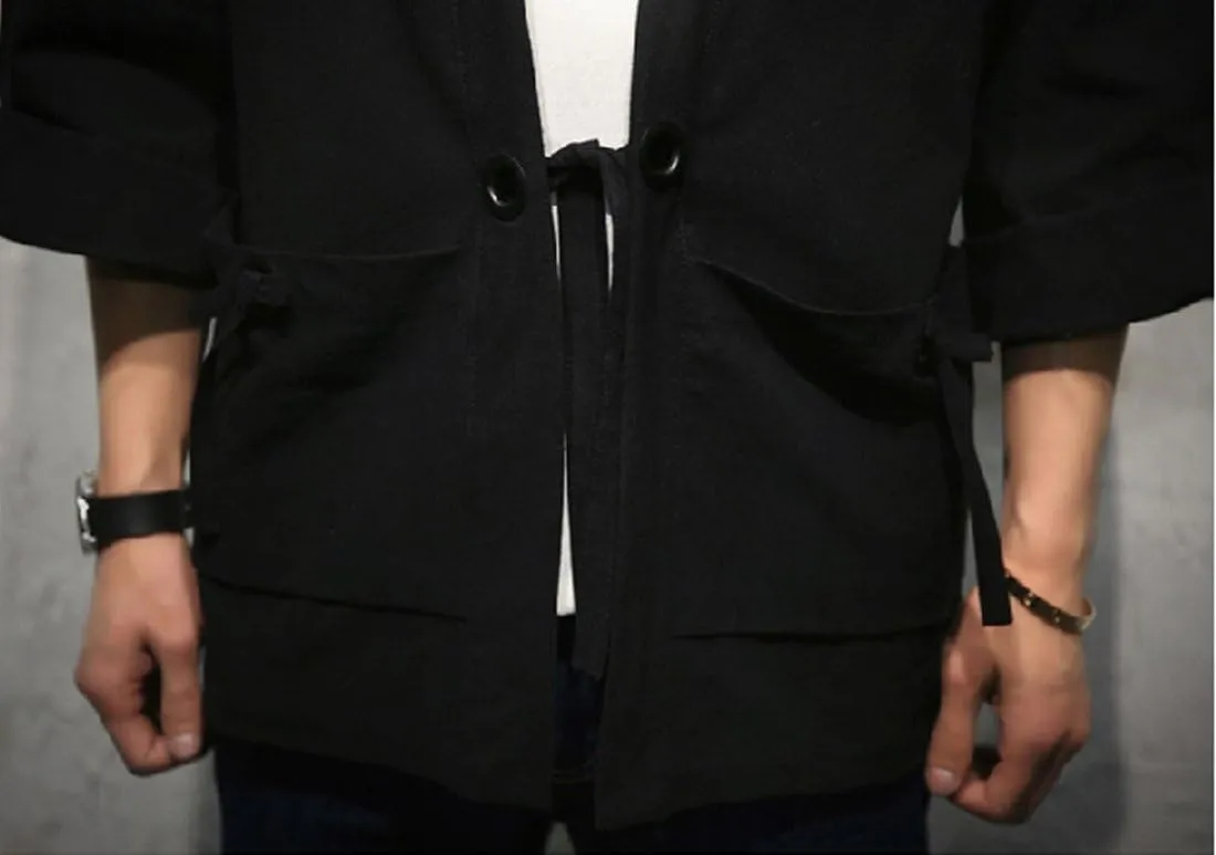 HZCX FASHION Men's Cotton Blends Linen Open Front Cardigan Kimono Jackets