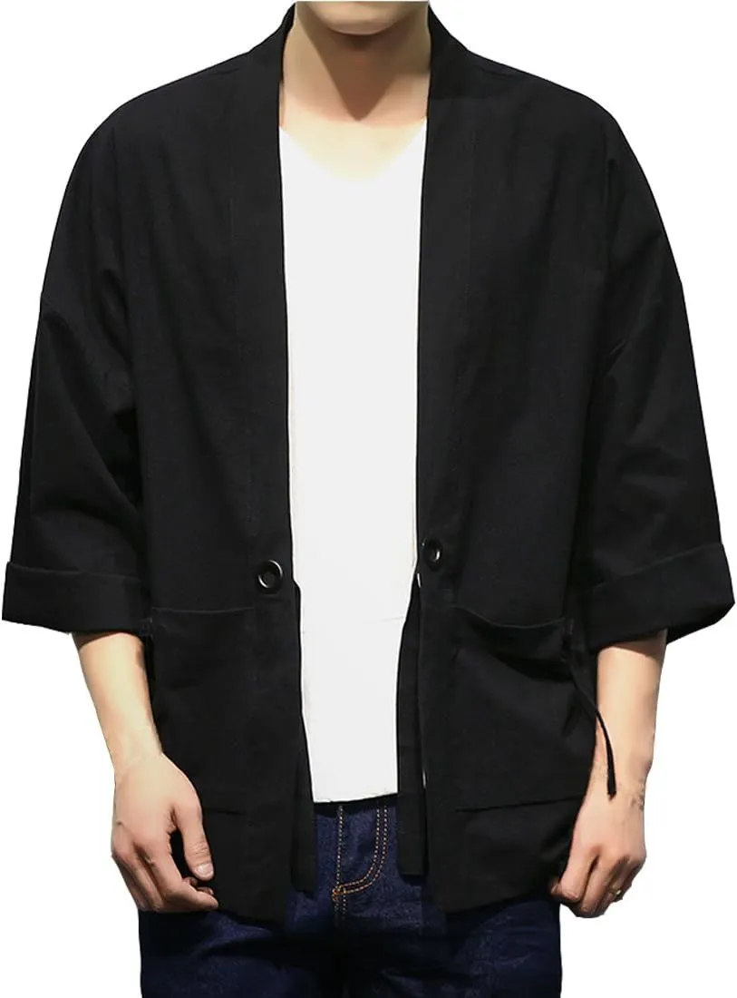 HZCX FASHION Men's Cotton Blends Linen Open Front Cardigan Kimono Jackets