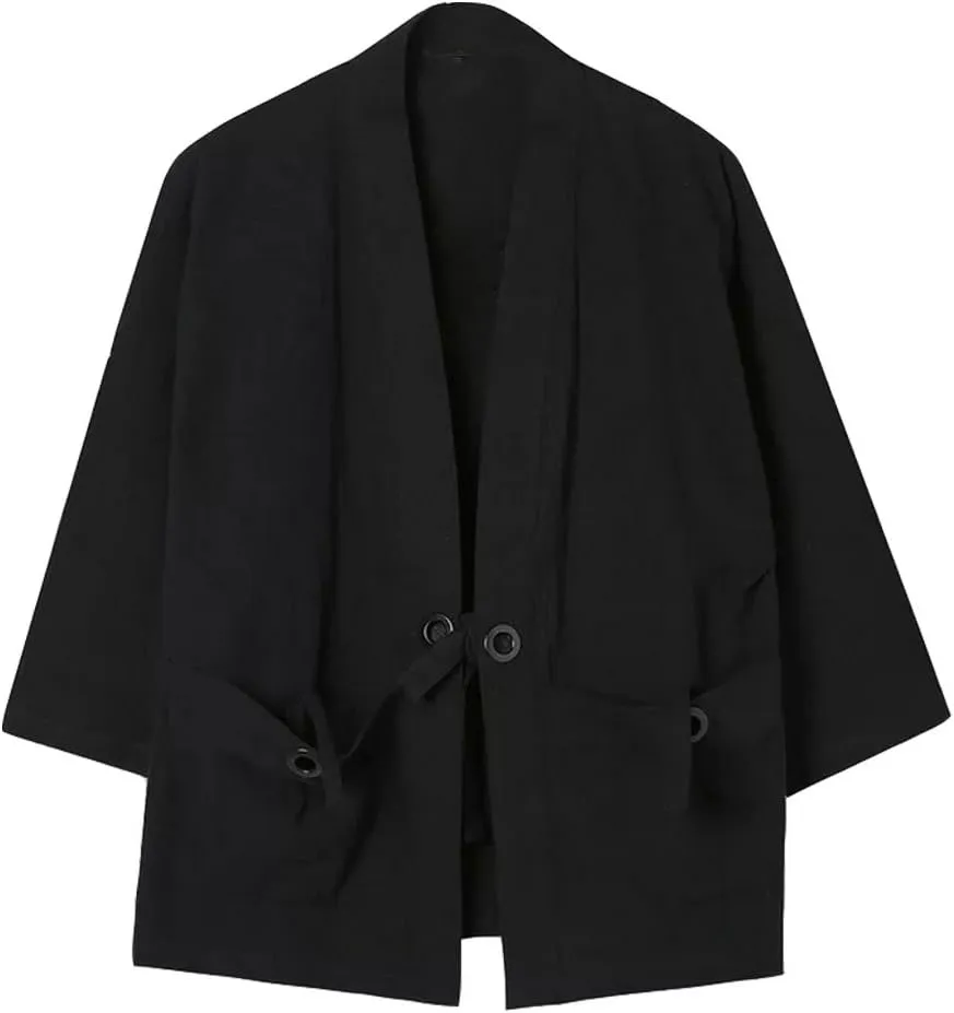 HZCX FASHION Men's Cotton Blends Linen Open Front Cardigan Kimono Jackets
