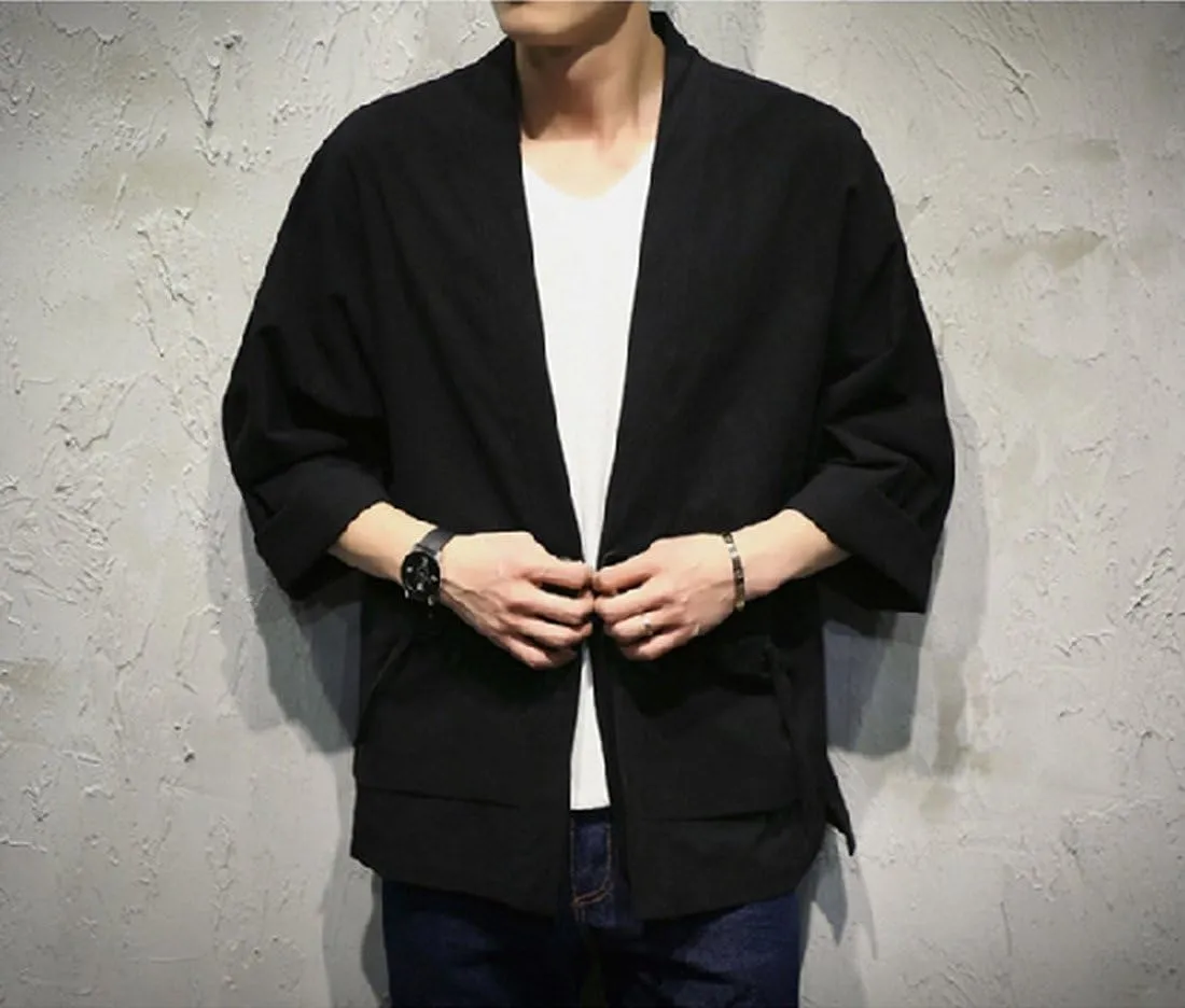 HZCX FASHION Men's Cotton Blends Linen Open Front Cardigan Kimono Jackets