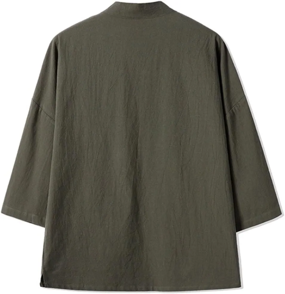HZCX FASHION Men's Cotton Blends Linen Open Front Cardigan Kimono Jackets
