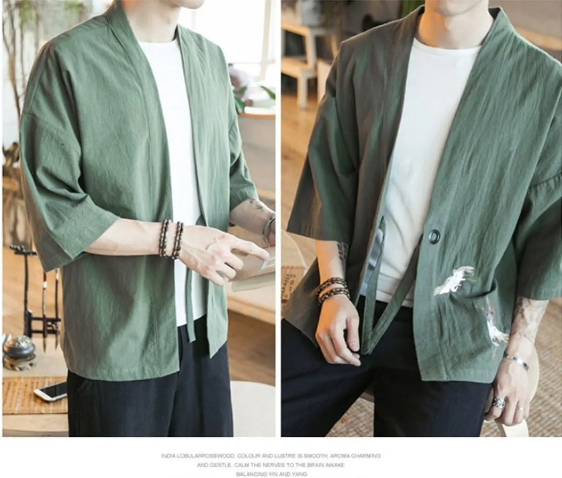 HZCX FASHION Men's Cotton Blends Linen Open Front Cardigan Kimono Jackets