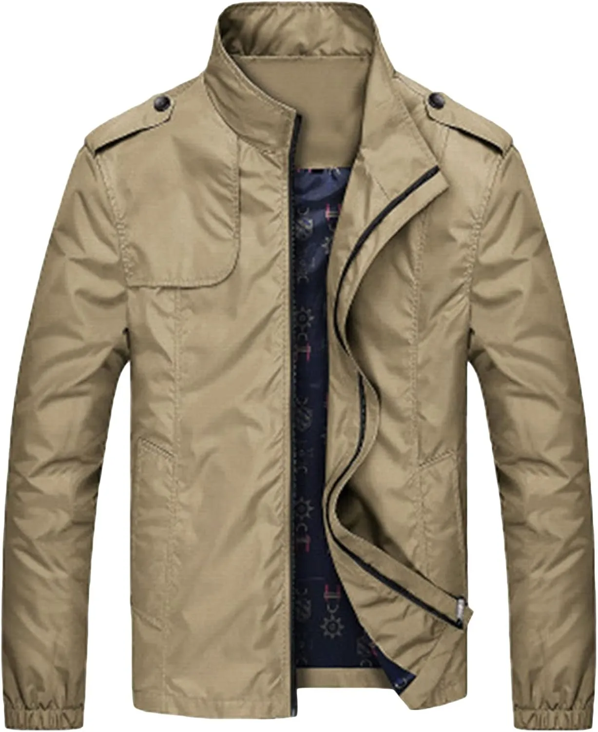 JEsilunmaMY Men's Stand Collar Casual Military Jackets Full Zip Slim Cotton Bomber Jacket Solid Color Lightweight Windbreaker