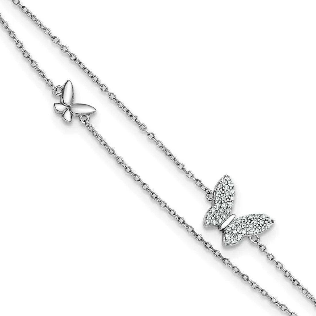JewelryWeb 0.8mm Ss Rhodium Plated Two strand CZ Simulated Diamond Butterflies Plus 1in Extension Anklet 9 Inch-Anklet for Women