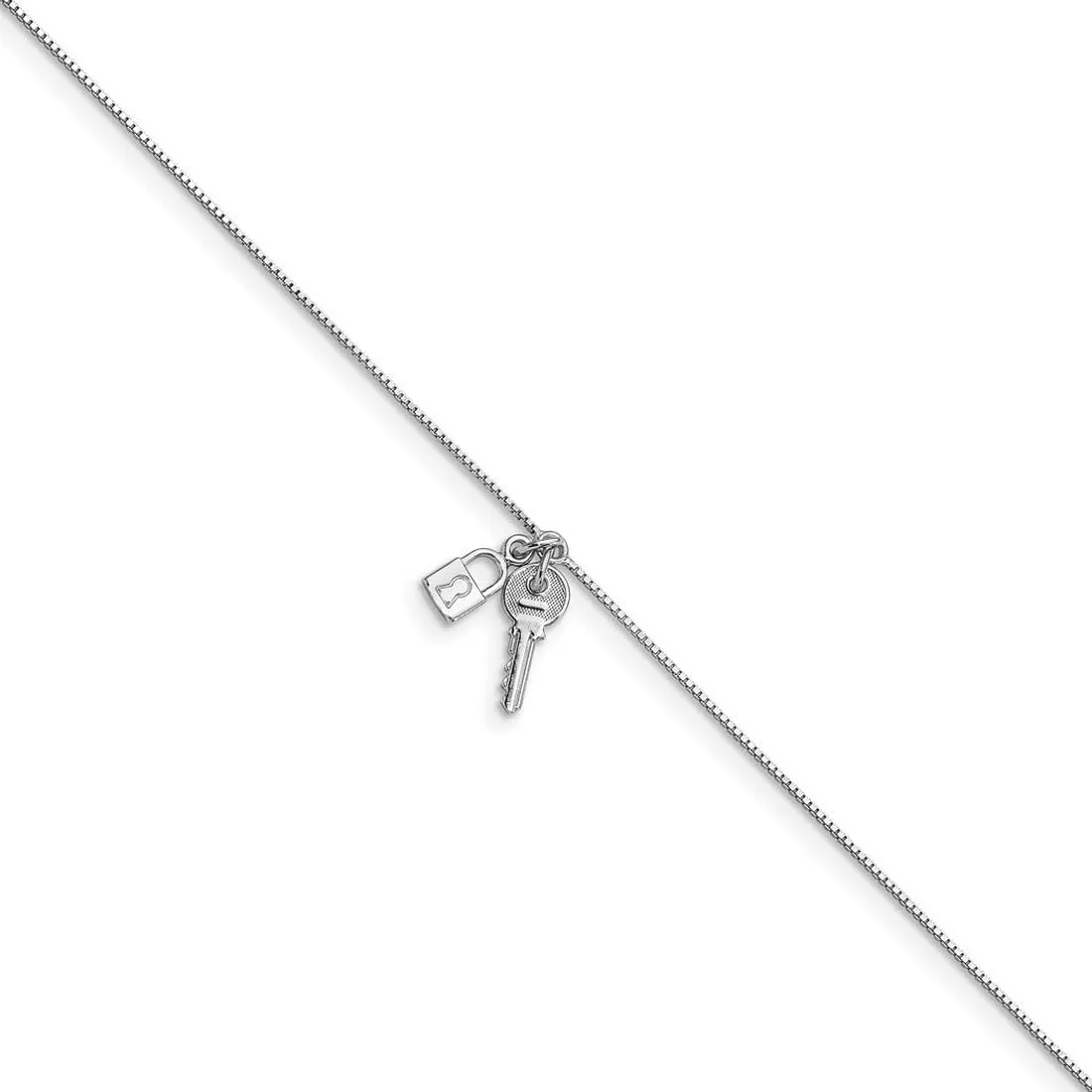 JewelryWeb 0.9mm 925 Sterling Silver Rhod pl Polished Lock and Key With 1inch Ext. Anklet 9 Inch-Anklet for Women