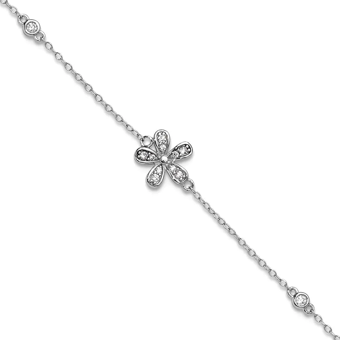 JewelryWeb 10.9mm 925 Sterling Silver Rhodium Plated Brilliant cut CZ Flower Anklet With 1 Inch Extender 9 Inch-Anklet for Women