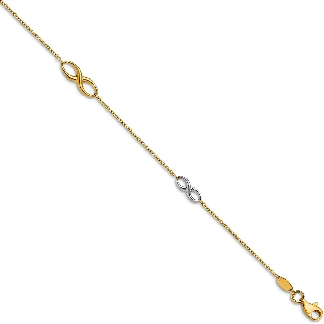 JewelryWeb 14k Two Tone Fancy Lobster Closure Gold Polished Anklet With 1inch Ext 9 Inch 1mm Wide-Anklet for Women