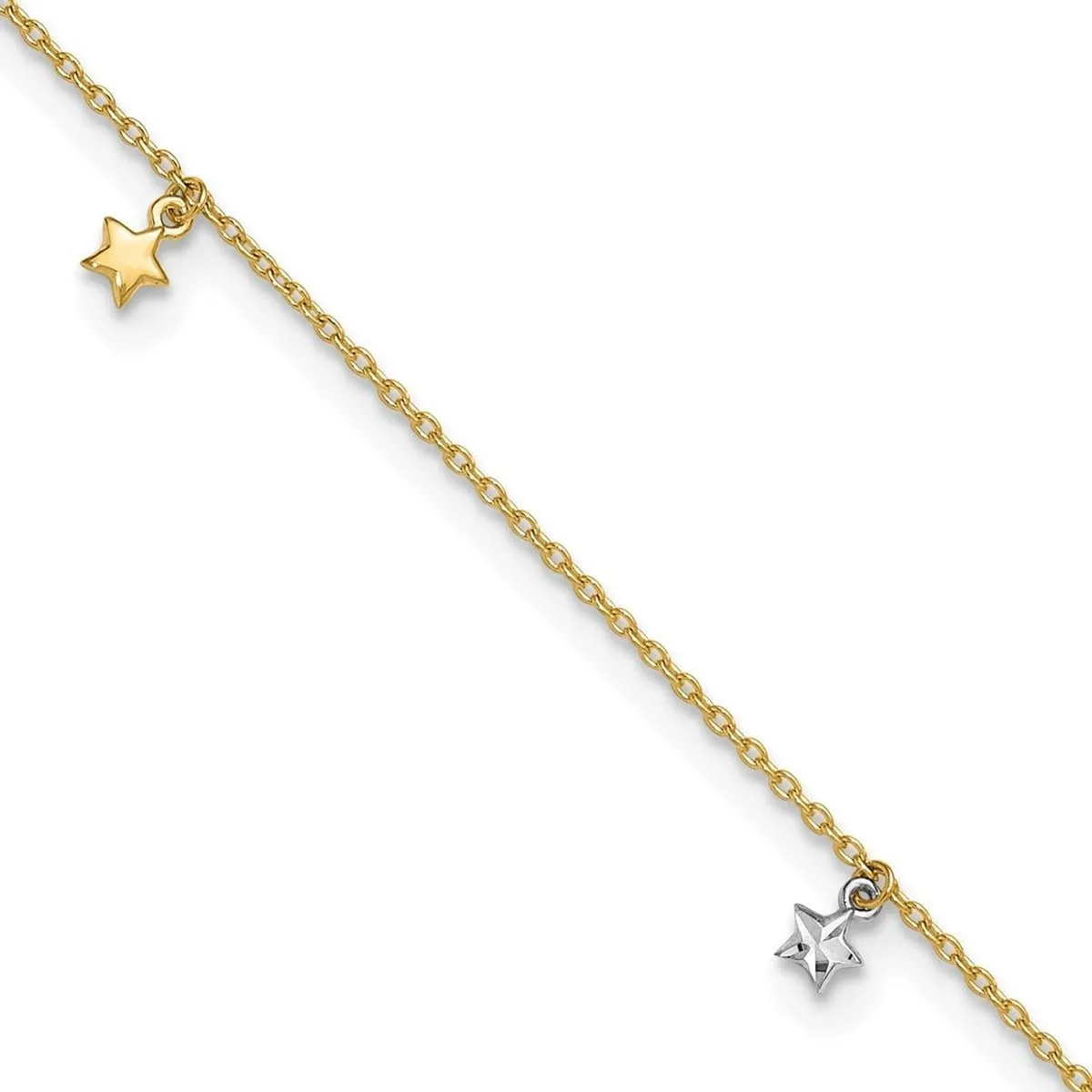 JewelryWeb 14k Two tone Gold Polished Sparkle Cut Stars Plus 1 In Ext. Anklet 9 Inch 1mm Wide-Anklet for Women