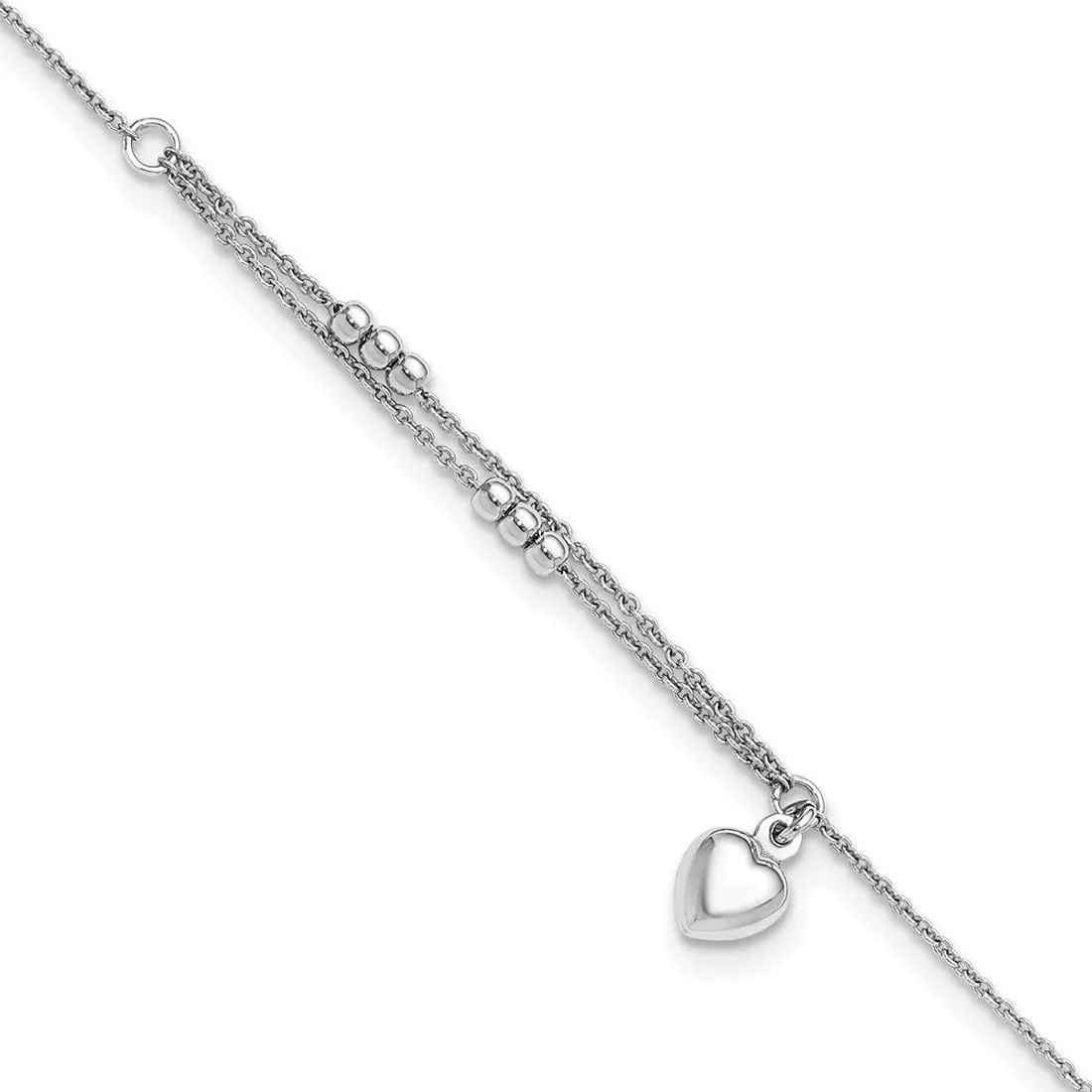 JewelryWeb 6.7mm 925 Sterling Silver Rhodium Plated Beads and Love Heart Plus 1in Extension Anklet 9 Inch-Anklet for Women