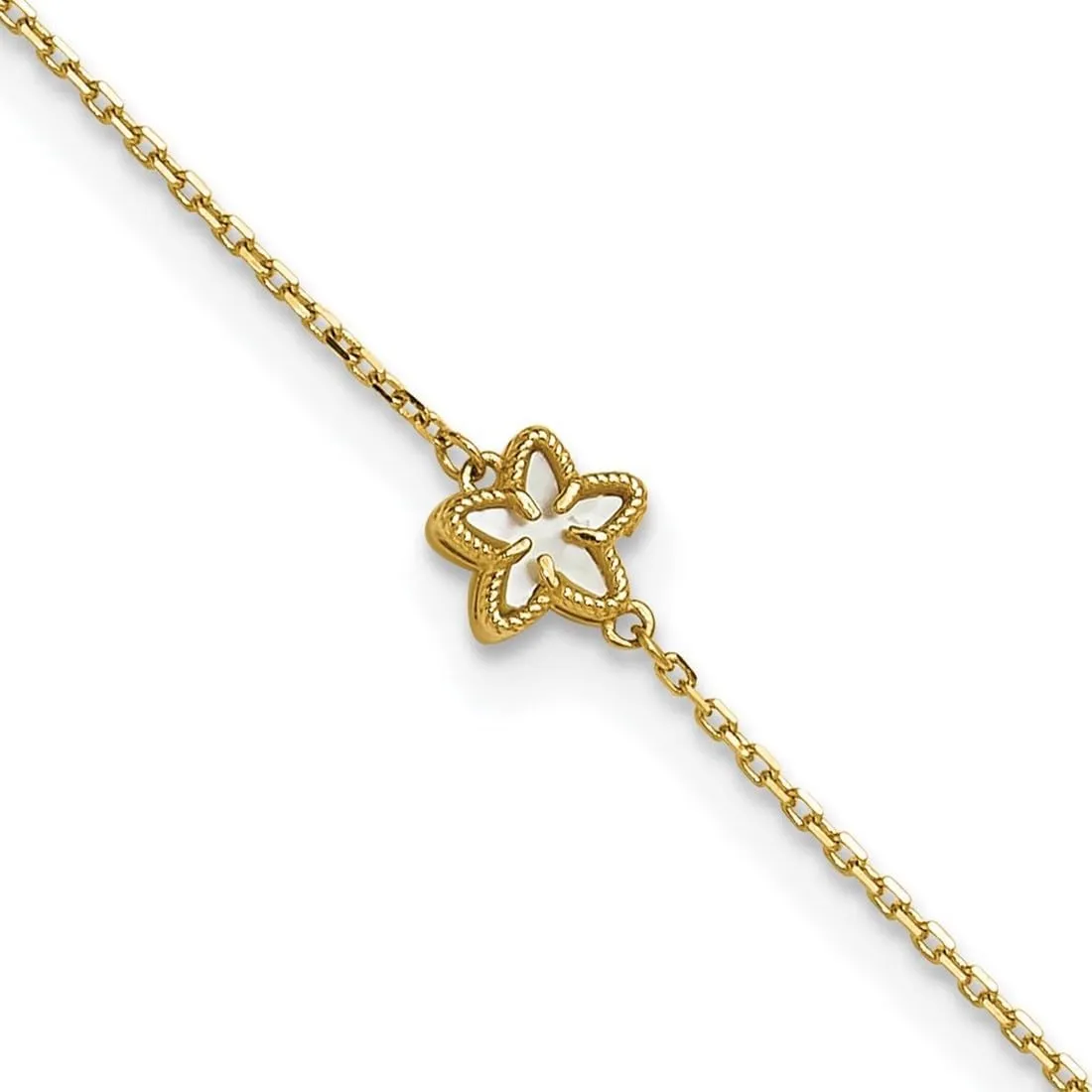 JewelryWeb 7.1mm 14k Solid Yellow Gold Polished Simulated Mother of Pearl Flower Plus 1in Extension Anklet 9 Inch-Anklet for Women